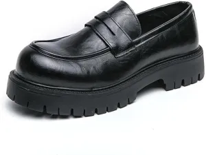 Men's Comfortable Soft Leather Platform Chunky Loafers Fashion Business Casual Formal Work Shoes Retro Round Toe Anti-Slip Lug Sole Slip-On Penny Loafers