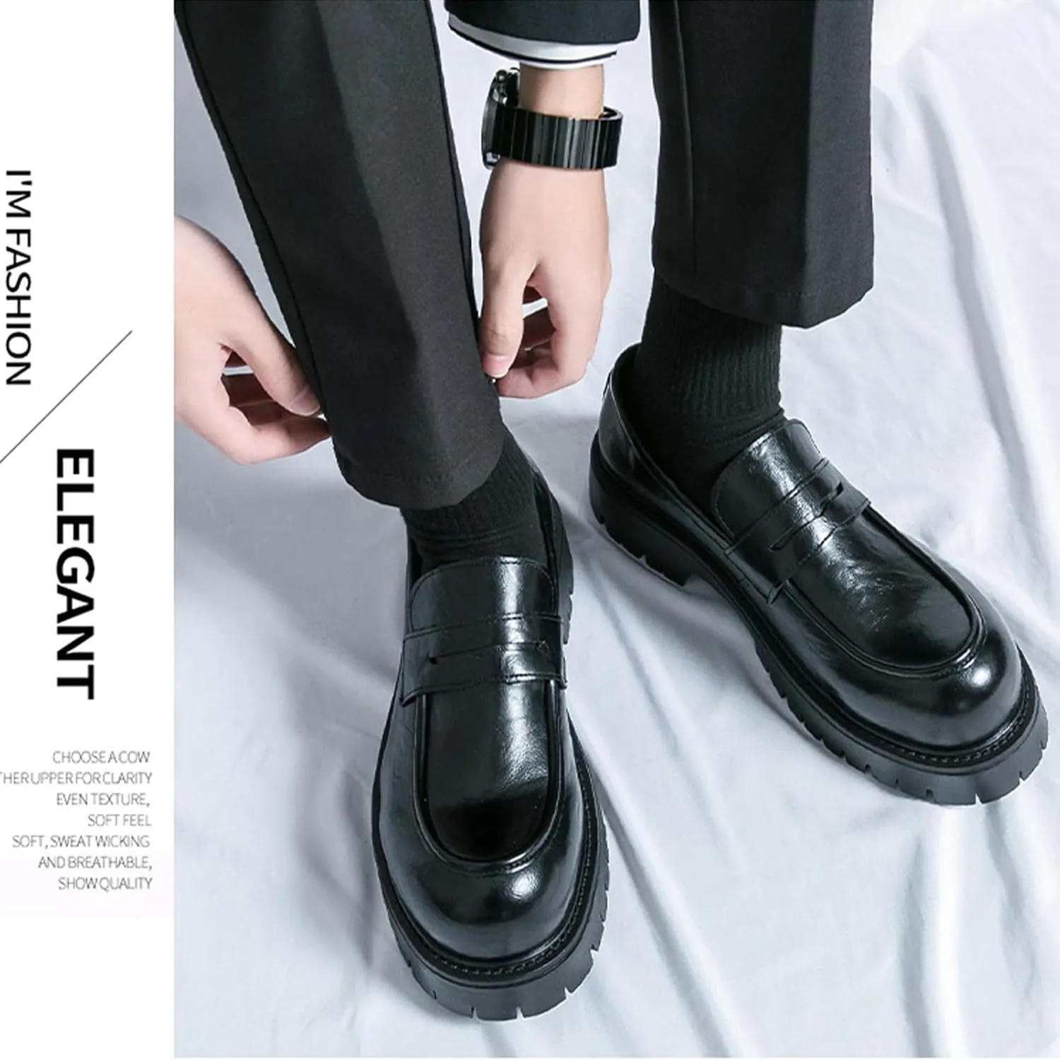 Men's Comfortable Soft Leather Platform Chunky Loafers Fashion Business Casual Formal Work Shoes Retro Round Toe Anti-Slip Lug Sole Slip-On Penny Loafers
