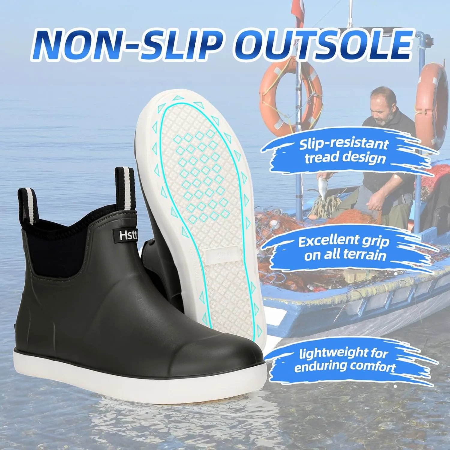 Men's Deck Boots Waterproof Fishing Rain Boots, Anti-Slip Rubber Boots Ankle Booties, High-Performance Footwear Chelsea Boots for Gardening Boating Camping Sailing