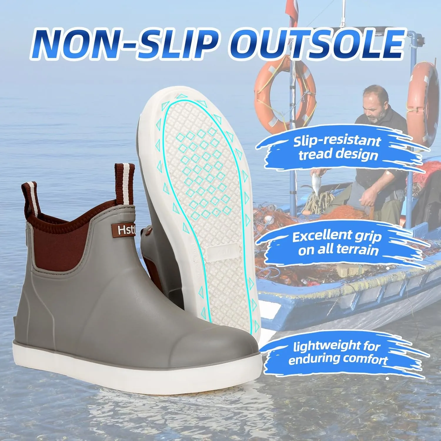 Men's Deck Boots Waterproof Fishing Rain Boots, Anti-Slip Rubber Boots Ankle Booties, High-Performance Footwear Chelsea Boots for Gardening Boating Camping Sailing