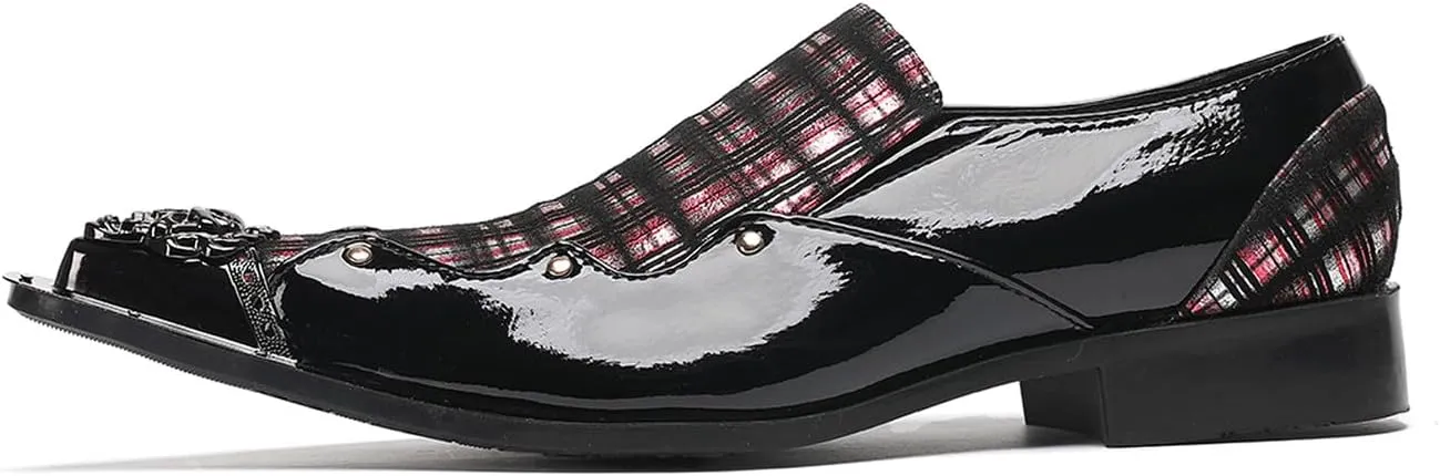 Mens Dress Shoes Plaid Slip-On Loafers for Men with Patent Leather – Stylish Metallic Toe, Unique Tartan Design, Perfect for Wedding,Party,Ballroom,Casual & Bar Wear
