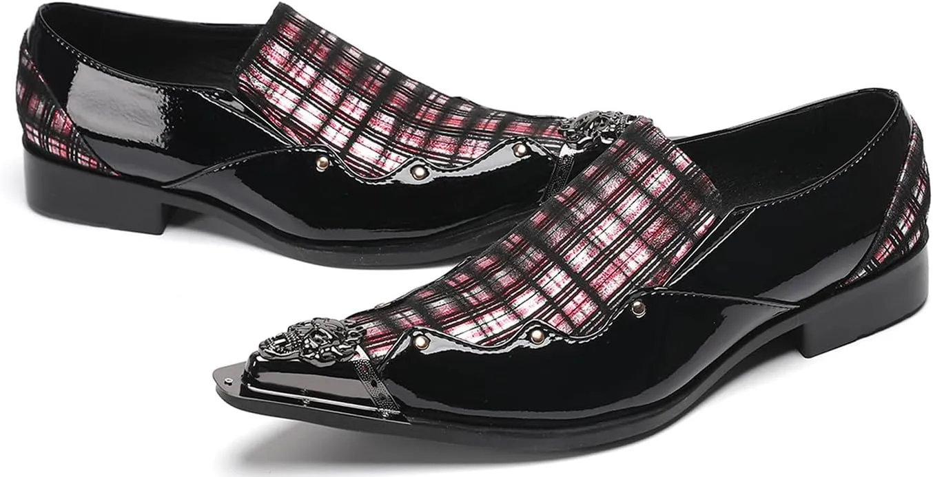 Mens Dress Shoes Plaid Slip-On Loafers for Men with Patent Leather – Stylish Metallic Toe, Unique Tartan Design, Perfect for Wedding,Party,Ballroom,Casual & Bar Wear