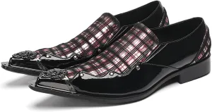 Mens Dress Shoes Plaid Slip-On Loafers for Men with Patent Leather – Stylish Metallic Toe, Unique Tartan Design, Perfect for Wedding,Party,Ballroom,Casual & Bar Wear