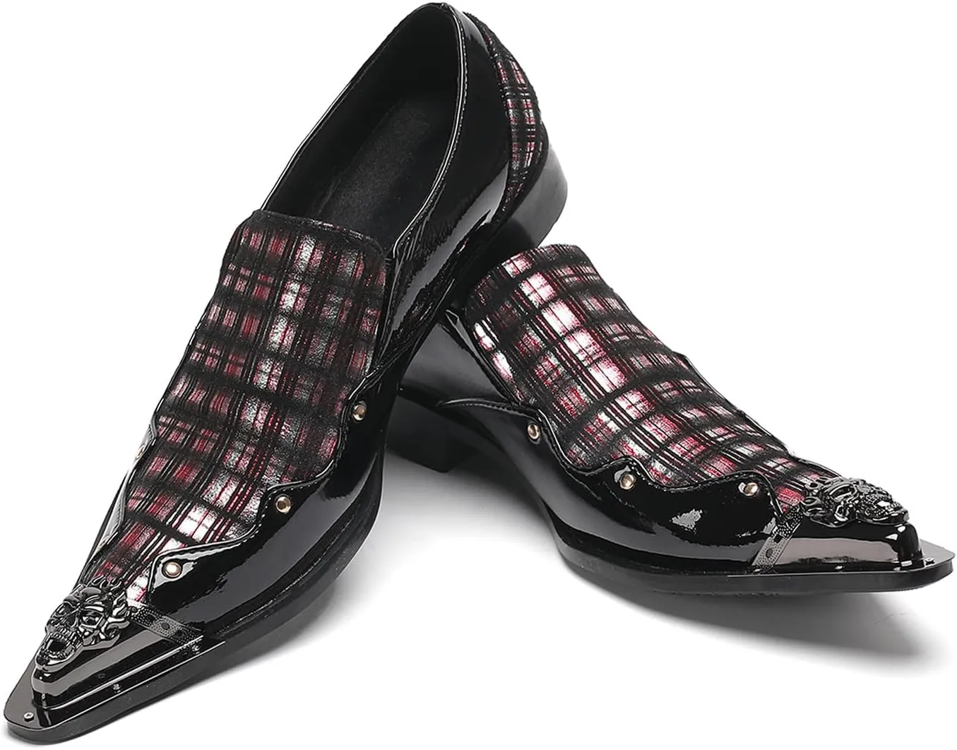 Mens Dress Shoes Plaid Slip-On Loafers for Men with Patent Leather – Stylish Metallic Toe, Unique Tartan Design, Perfect for Wedding,Party,Ballroom,Casual & Bar Wear
