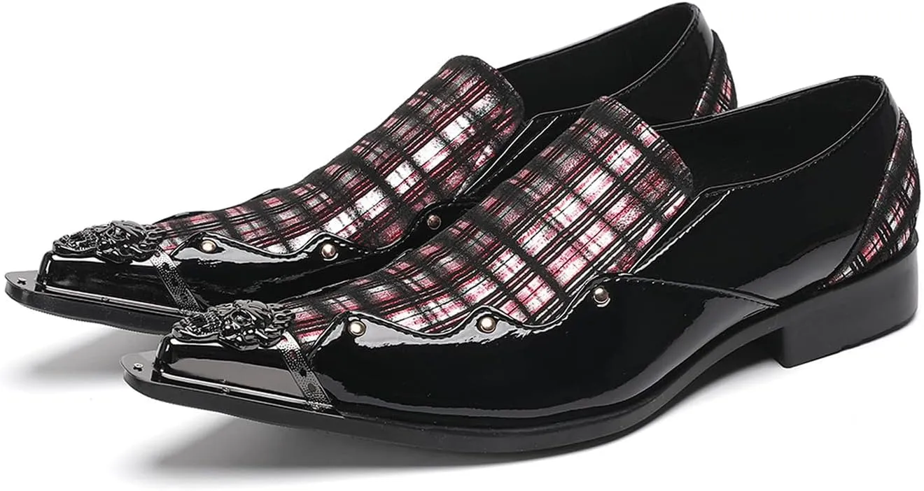Mens Dress Shoes Plaid Slip-On Loafers for Men with Patent Leather – Stylish Metallic Toe, Unique Tartan Design, Perfect for Wedding,Party,Ballroom,Casual & Bar Wear