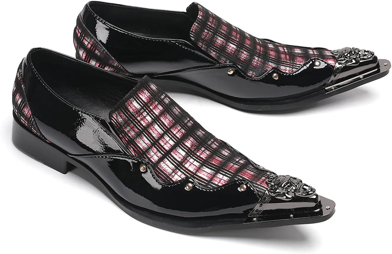 Mens Dress Shoes Plaid Slip-On Loafers for Men with Patent Leather – Stylish Metallic Toe, Unique Tartan Design, Perfect for Wedding,Party,Ballroom,Casual & Bar Wear