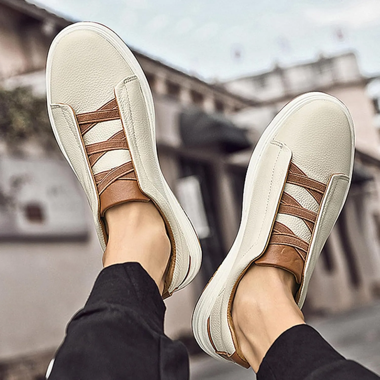 Men's Flat Oxford Sneakers Genuine Leather Low Top Business Dress Shoes with Non-Slip Design for Daily Commute, Hiking and Walking