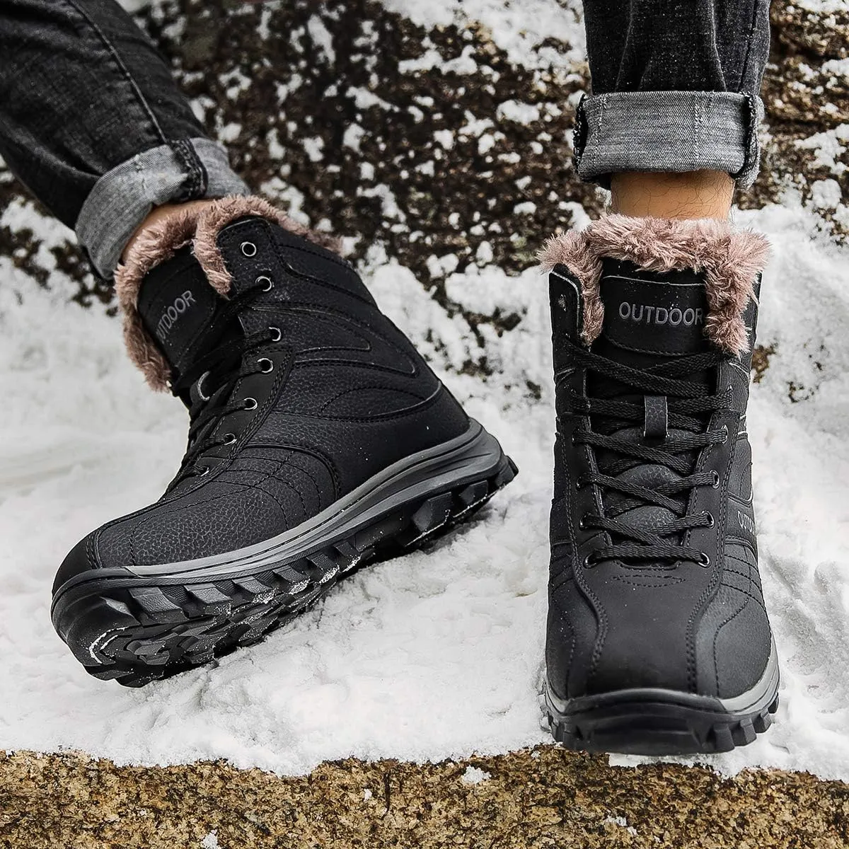 Men's Hiking Boots Winter Warm Fur Lined Snow Boots Backpacking Boots for Men