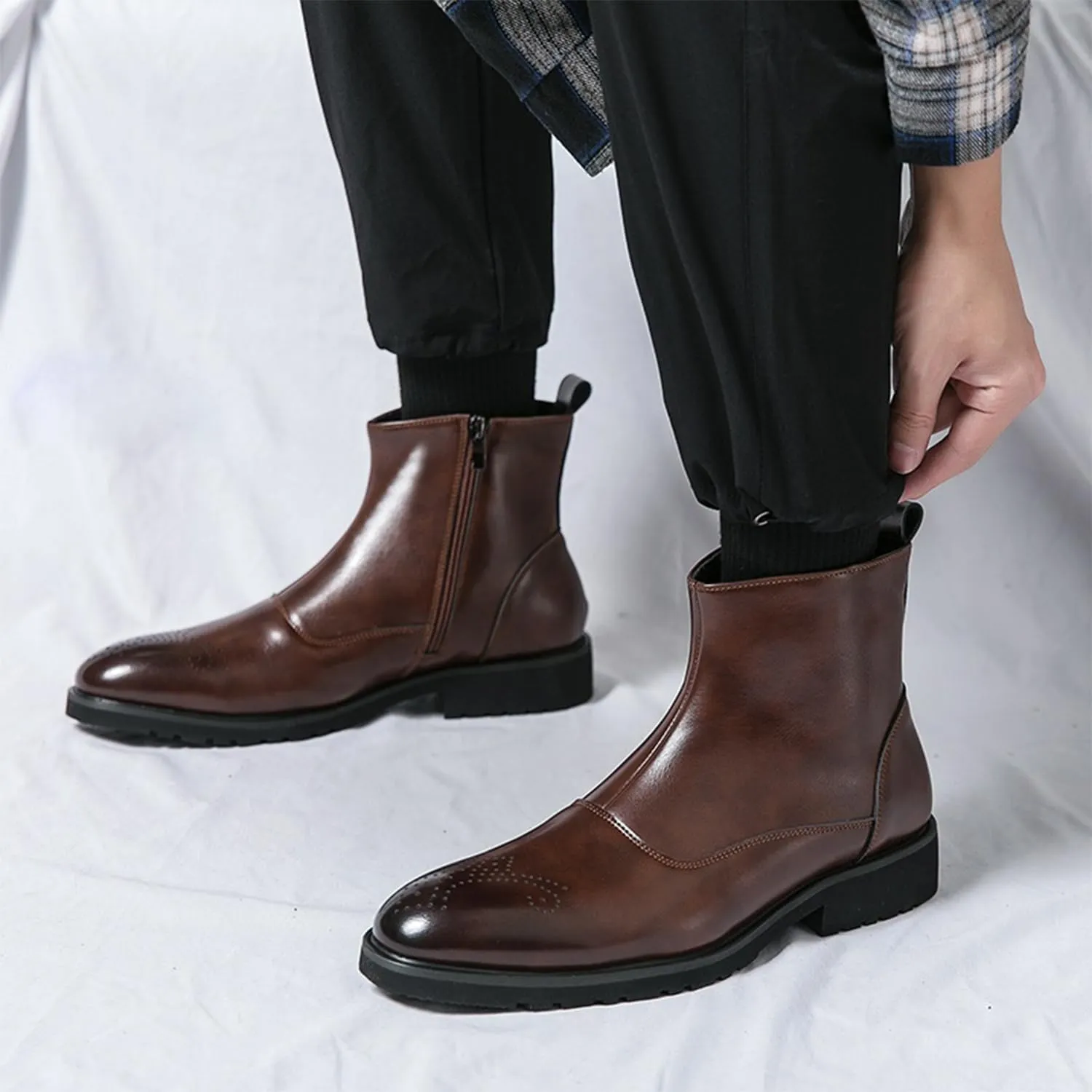 Men's Leather Ankle Boots Dress Chelsea Boots with Brogue Pattern and Side Zip Classic Chelsea Style