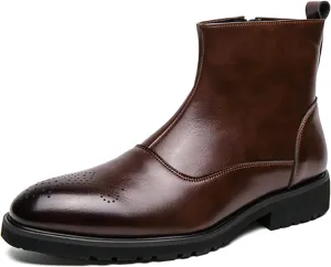 Men's Leather Ankle Boots Dress Chelsea Boots with Brogue Pattern and Side Zip Classic Chelsea Style