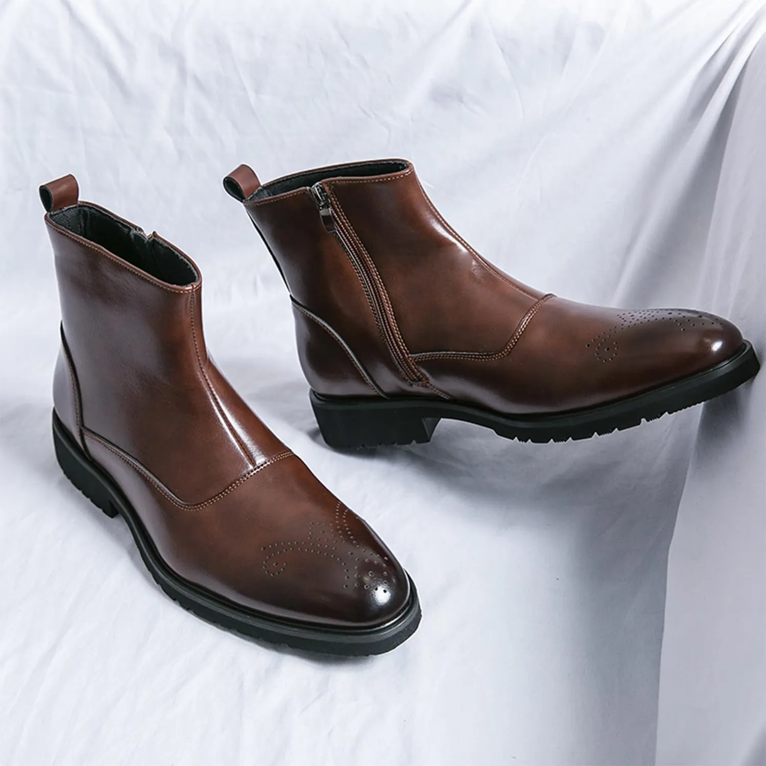 Men's Leather Ankle Boots Dress Chelsea Boots with Brogue Pattern and Side Zip Classic Chelsea Style