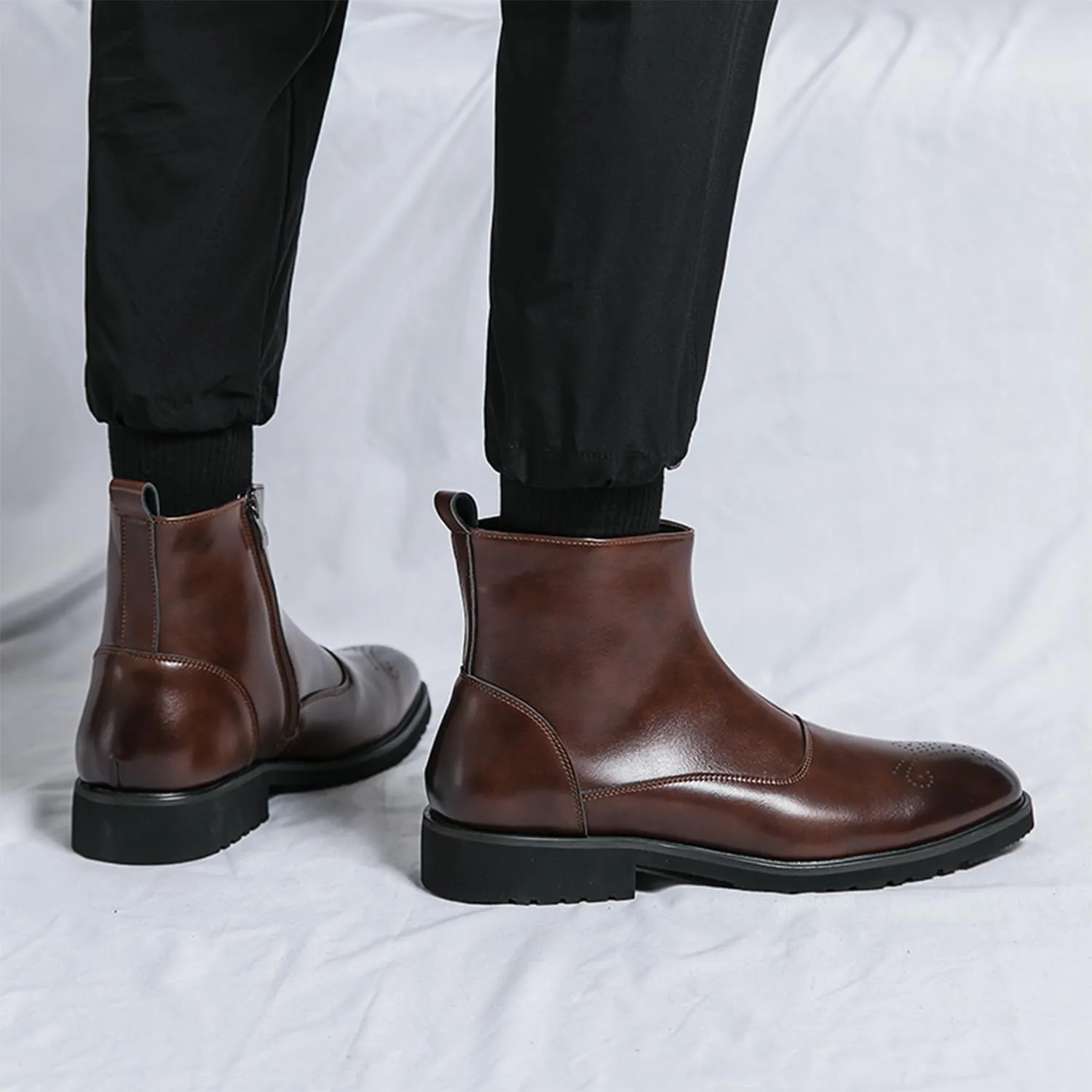 Men's Leather Ankle Boots Dress Chelsea Boots with Brogue Pattern and Side Zip Classic Chelsea Style