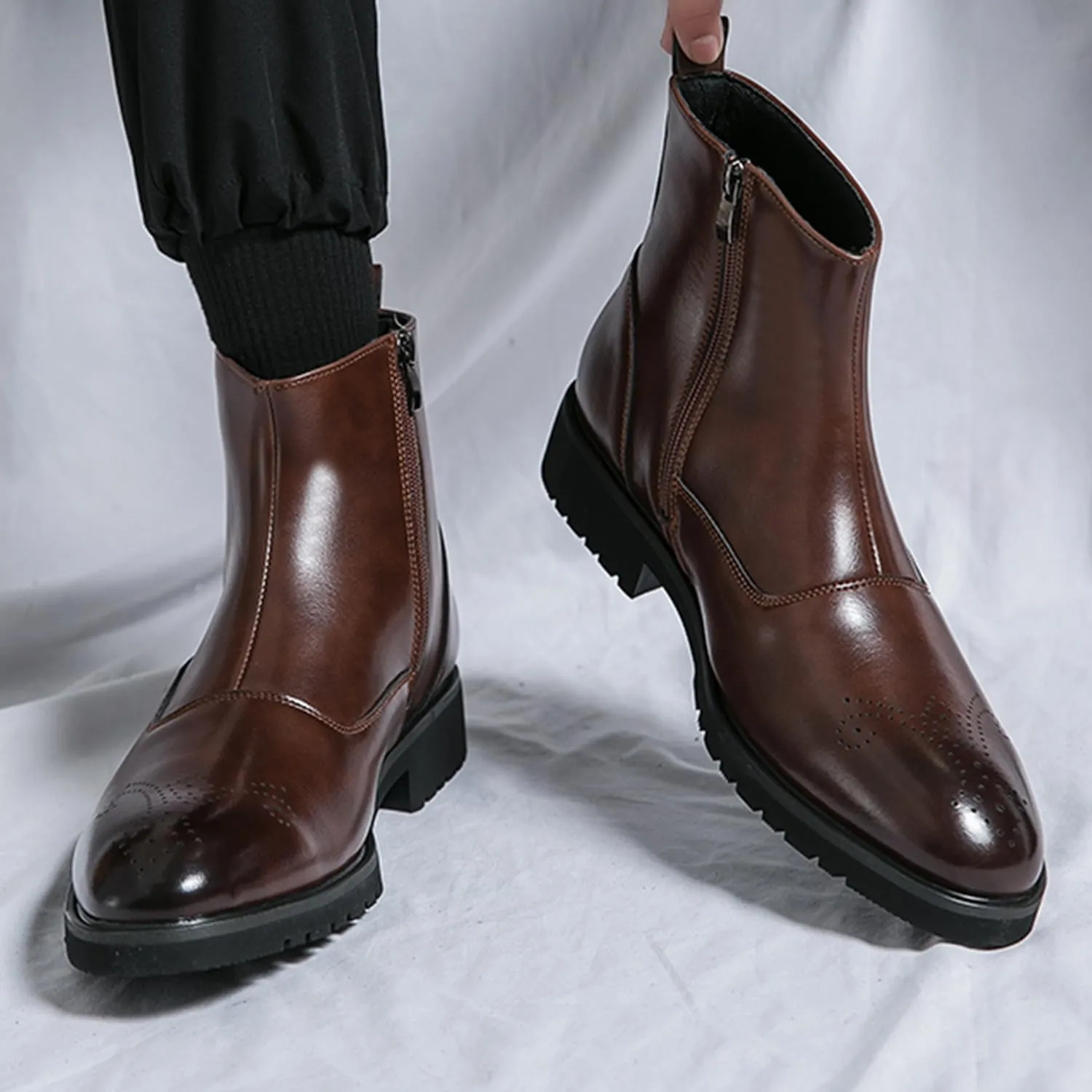 Men's Leather Ankle Boots Dress Chelsea Boots with Brogue Pattern and Side Zip Classic Chelsea Style