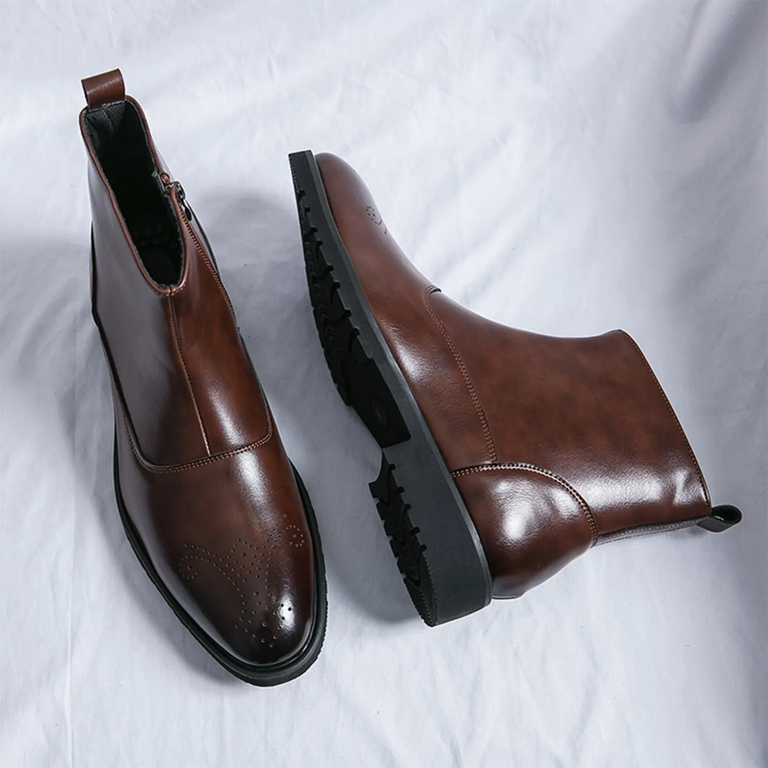 Men's Leather Ankle Boots Dress Chelsea Boots with Brogue Pattern and Side Zip Classic Chelsea Style