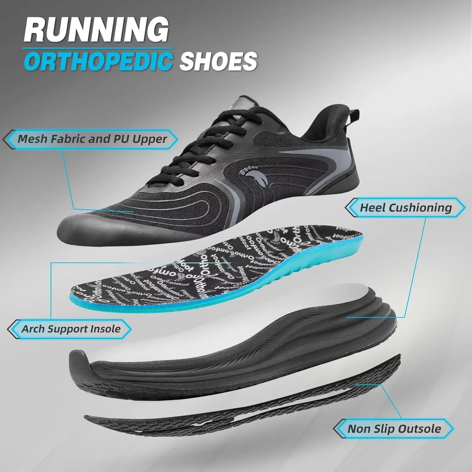 Men's Orthopedic Road Running Shoes: Comfortable Casual Plantar Fasciitis Arch Support Athletic Sports Sneakers, Orthotic High Arch Cushion Tennis Gym Work Walking Shoes for Foot Heel Pain Relief