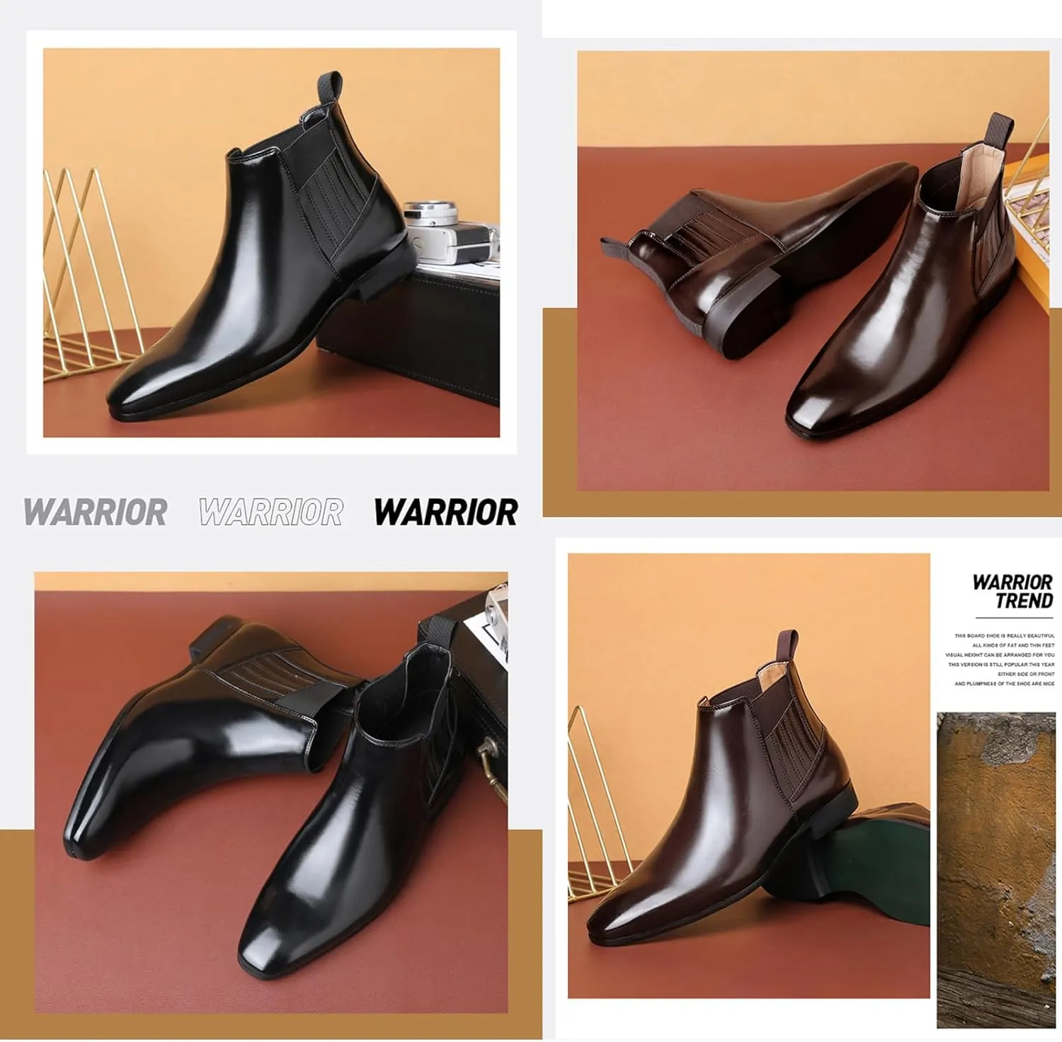 Men's Patent Leather Low Heel Mid Top Dress Chelsea Boots Classic Retro Pointed Toe Business Work Elastic Slip-on Boots Casual Comfortable Oxfords Ankle Boots