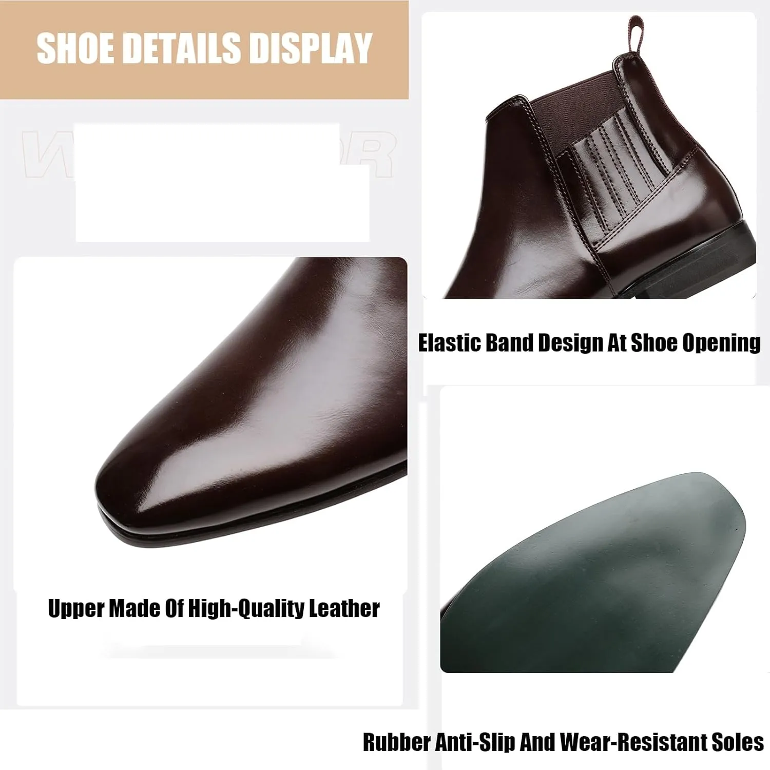 Men's Patent Leather Low Heel Mid Top Dress Chelsea Boots Classic Retro Pointed Toe Business Work Elastic Slip-on Boots Casual Comfortable Oxfords Ankle Boots