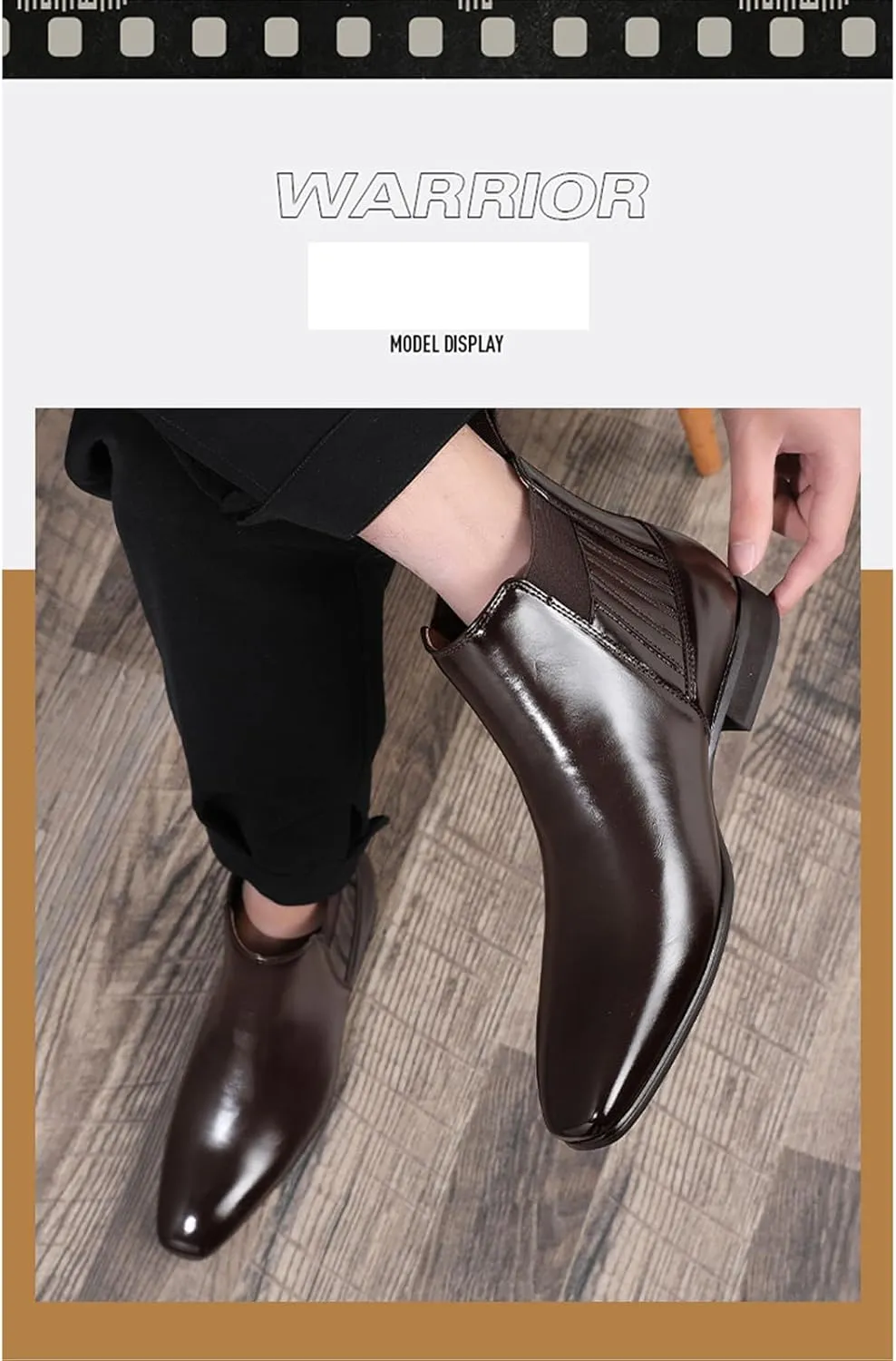 Men's Patent Leather Low Heel Mid Top Dress Chelsea Boots Classic Retro Pointed Toe Business Work Elastic Slip-on Boots Casual Comfortable Oxfords Ankle Boots