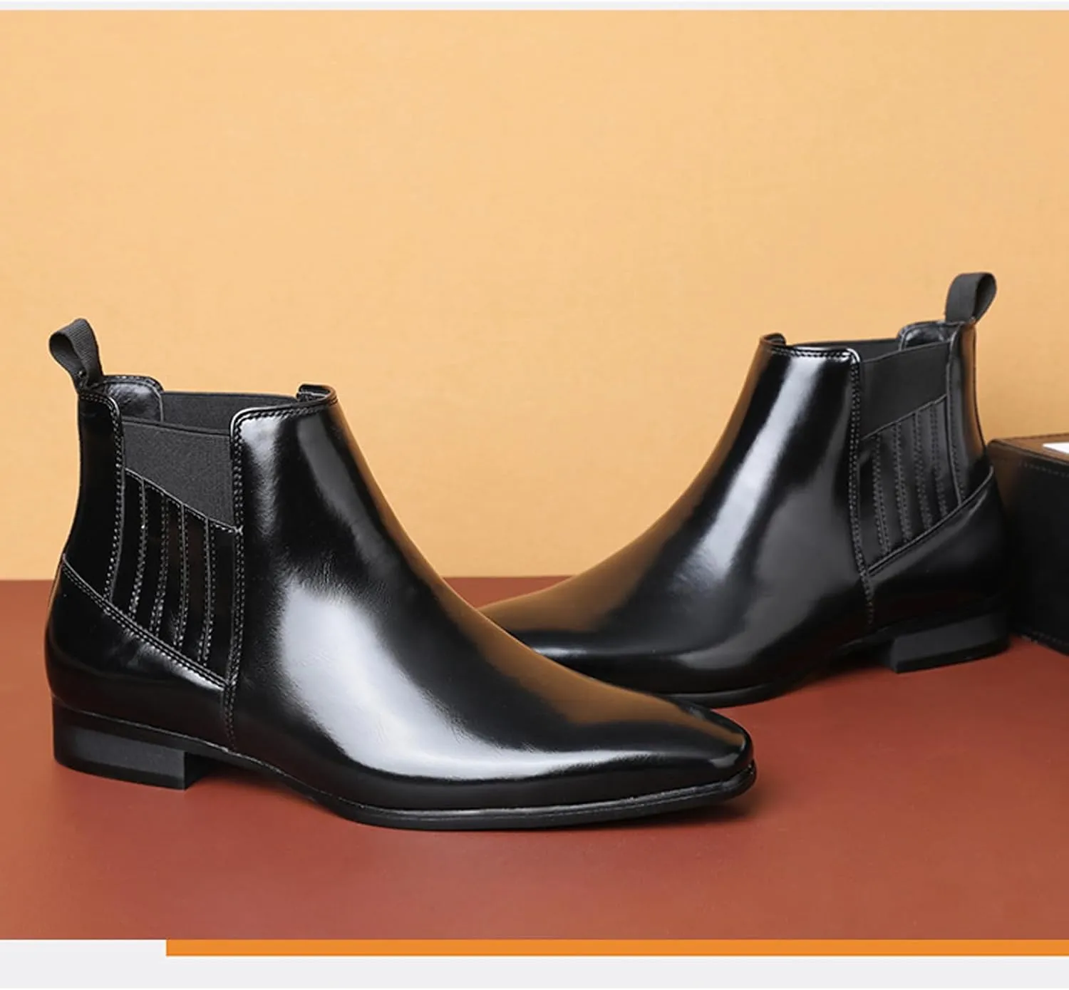 Men's Patent Leather Low Heel Mid Top Dress Chelsea Boots Classic Retro Pointed Toe Business Work Elastic Slip-on Boots Casual Comfortable Oxfords Ankle Boots