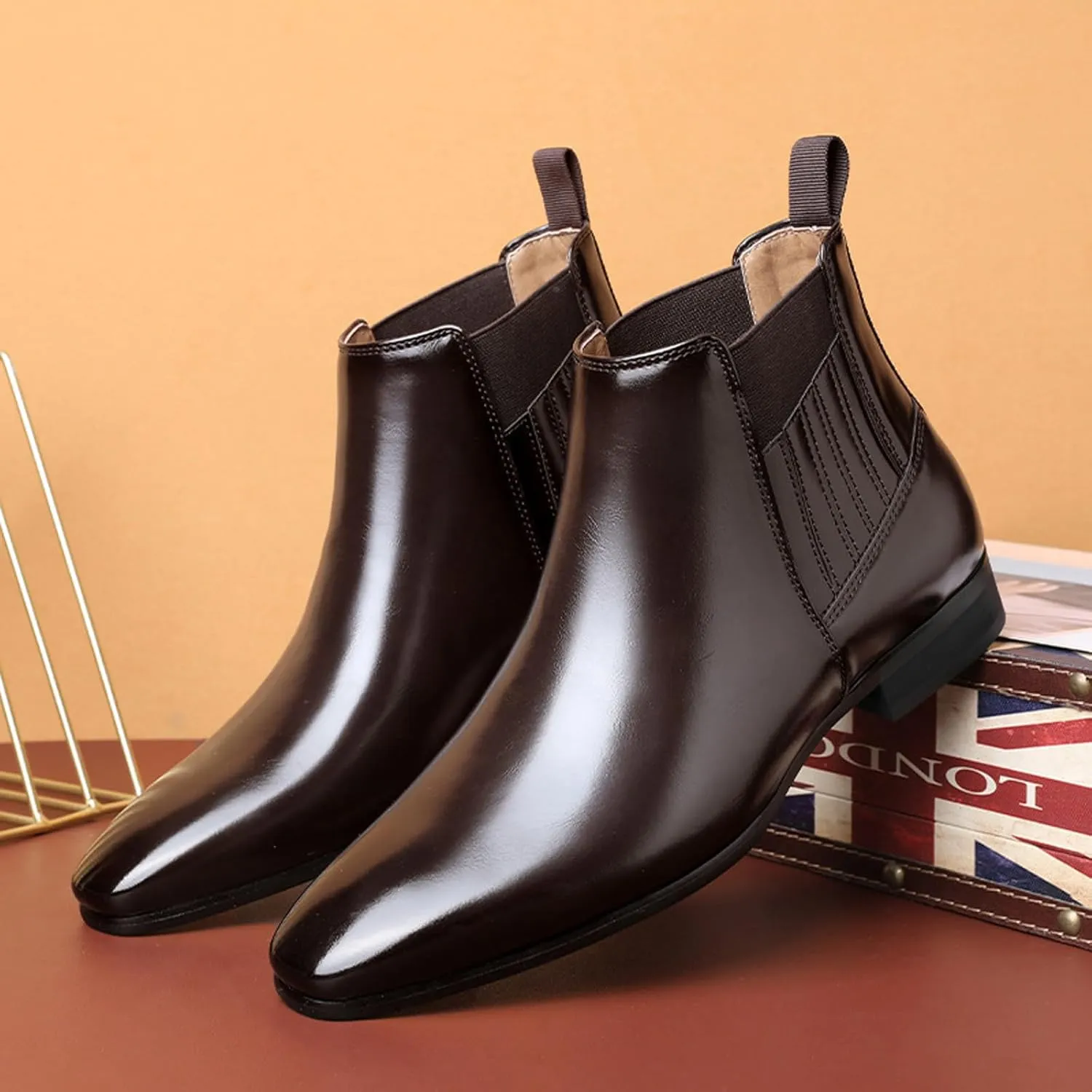 Men's Patent Leather Low Heel Mid Top Dress Chelsea Boots Classic Retro Pointed Toe Business Work Elastic Slip-on Boots Casual Comfortable Oxfords Ankle Boots