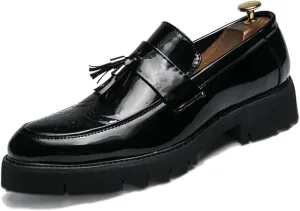 Men's Patent Leather Platform Slip-On Penny Loafers Shoes, Fashion Round Toe Tassel Non-Slip Lug Sole Dress Shoes,for Party Dating Prom