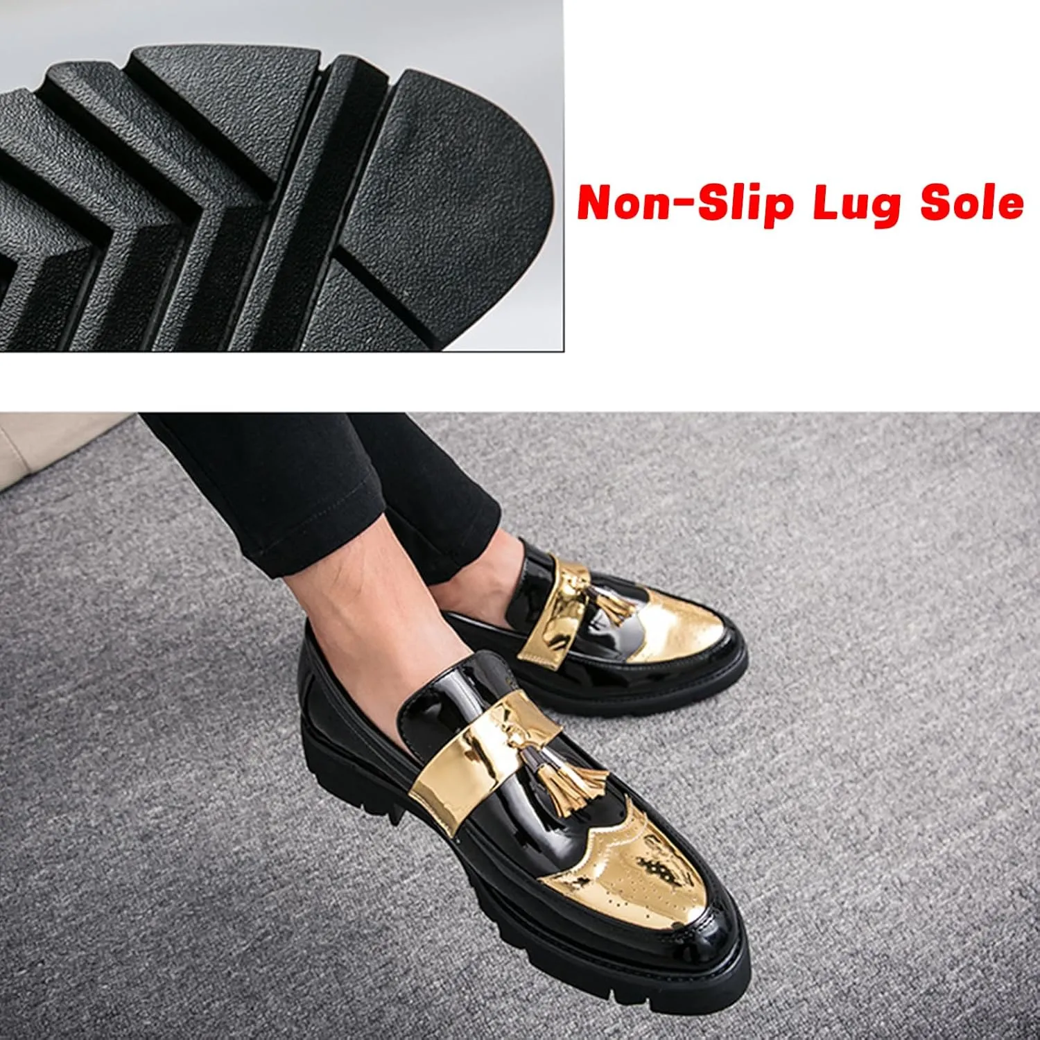 Men's Patent Leather Platform Slip-On Penny Loafers Shoes, Fashion Round Toe Tassel Non-Slip Lug Sole Dress Shoes,for Party Dating Prom