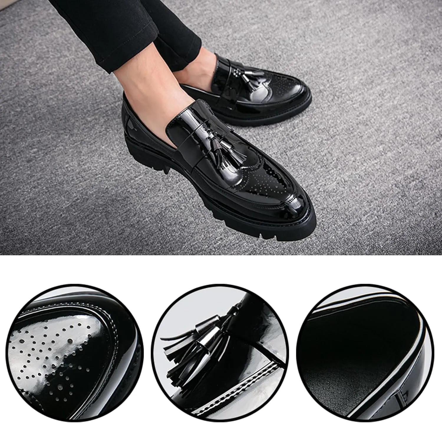 Men's Patent Leather Platform Slip-On Penny Loafers Shoes, Fashion Round Toe Tassel Non-Slip Lug Sole Dress Shoes,for Party Dating Prom