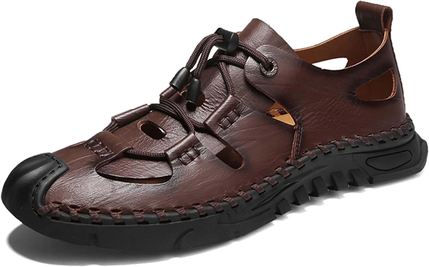 Men's Premium Cowhide Leather Sandals Non Slip Durable Rubber Outsole Hand Stitched Stylish Hollow Design Easy Lace Up Closure Comfortable Summer Footwear