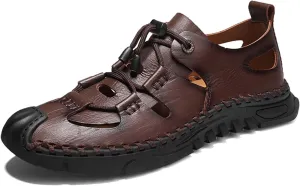 Men's Premium Cowhide Leather Sandals Non Slip Durable Rubber Outsole Hand Stitched Stylish Hollow Design Easy Lace Up Closure Comfortable Summer Footwear