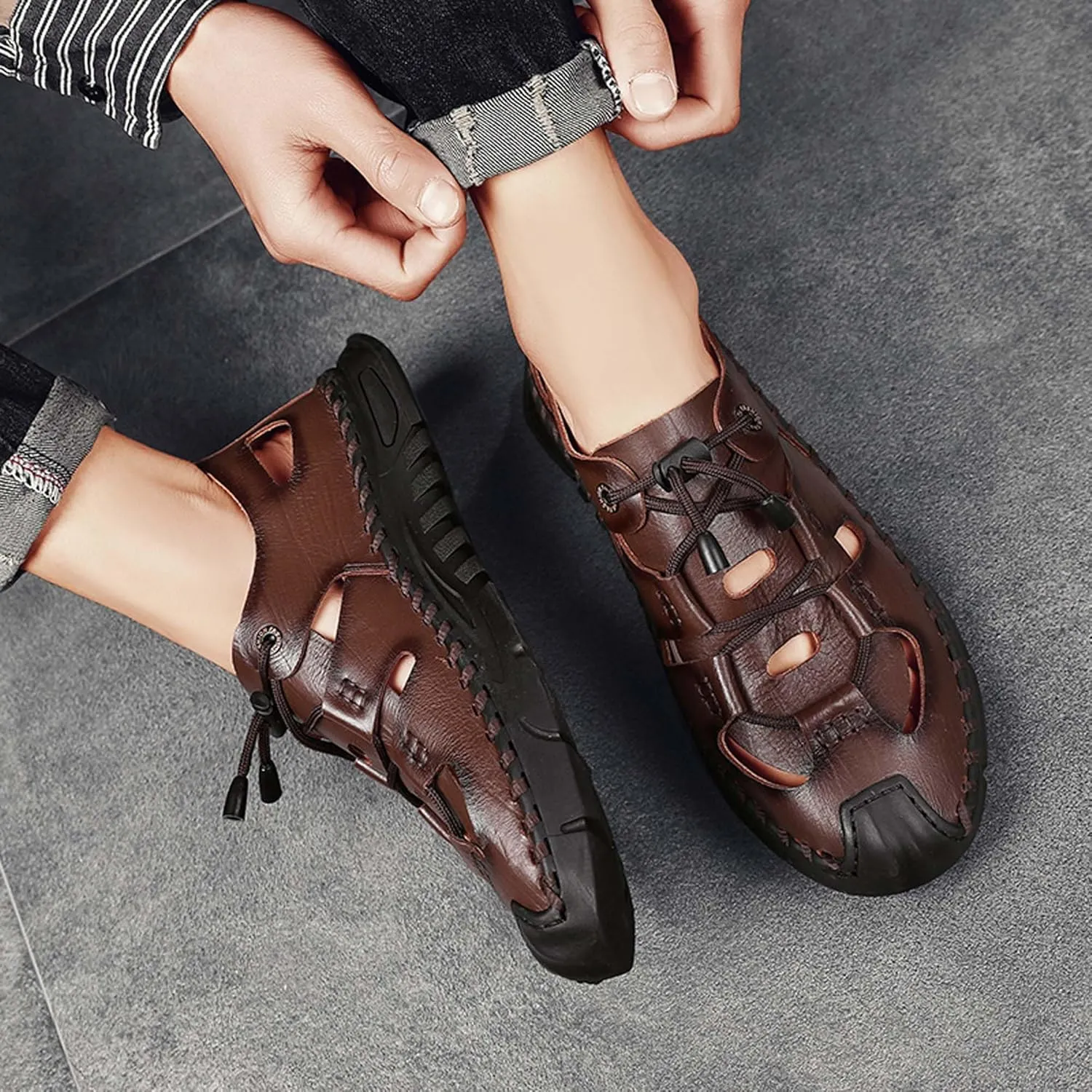 Men's Premium Cowhide Leather Sandals Non Slip Durable Rubber Outsole Hand Stitched Stylish Hollow Design Easy Lace Up Closure Comfortable Summer Footwear