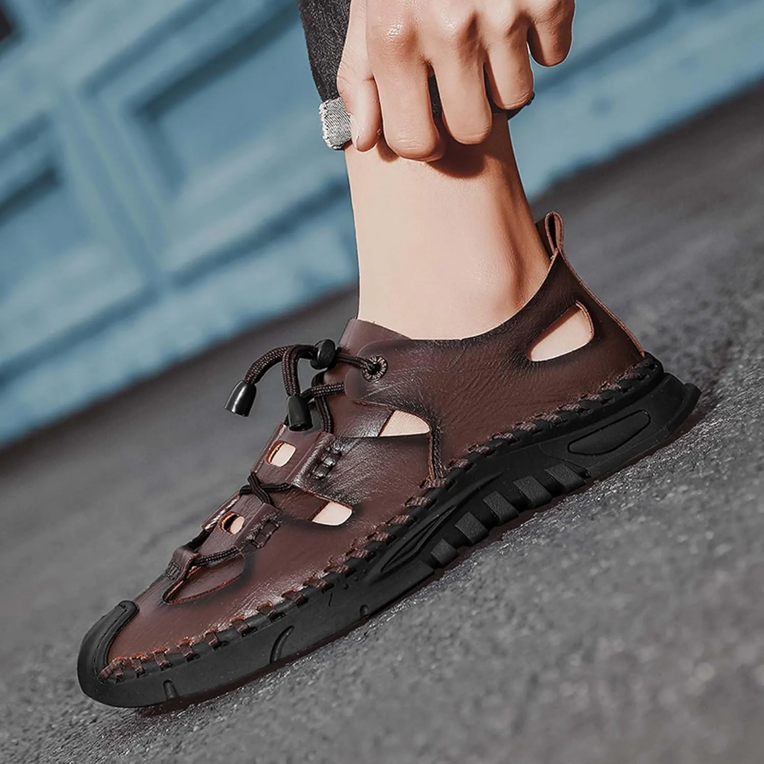 Men's Premium Cowhide Leather Sandals Non Slip Durable Rubber Outsole Hand Stitched Stylish Hollow Design Easy Lace Up Closure Comfortable Summer Footwear