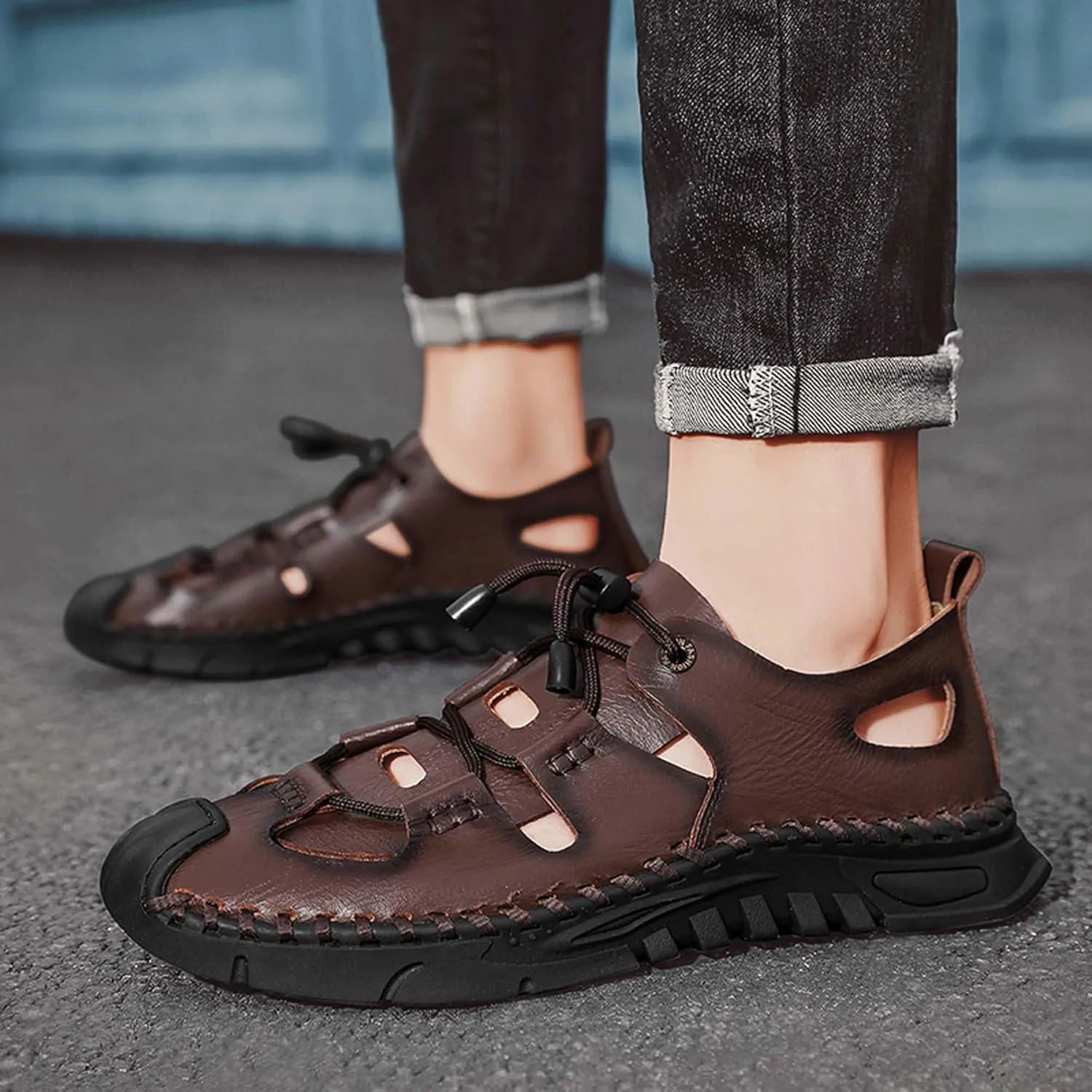 Men's Premium Cowhide Leather Sandals Non Slip Durable Rubber Outsole Hand Stitched Stylish Hollow Design Easy Lace Up Closure Comfortable Summer Footwear
