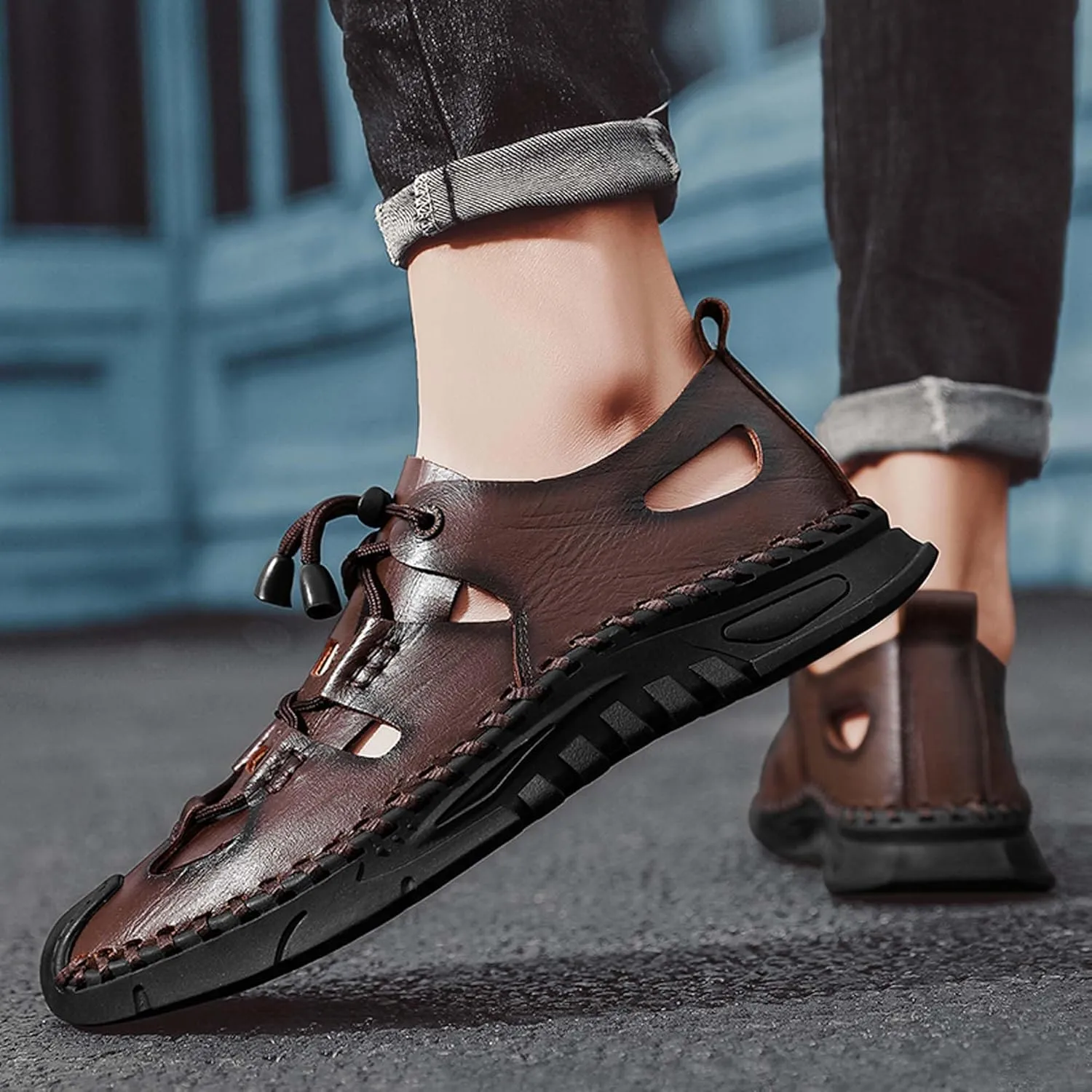 Men's Premium Cowhide Leather Sandals Non Slip Durable Rubber Outsole Hand Stitched Stylish Hollow Design Easy Lace Up Closure Comfortable Summer Footwear