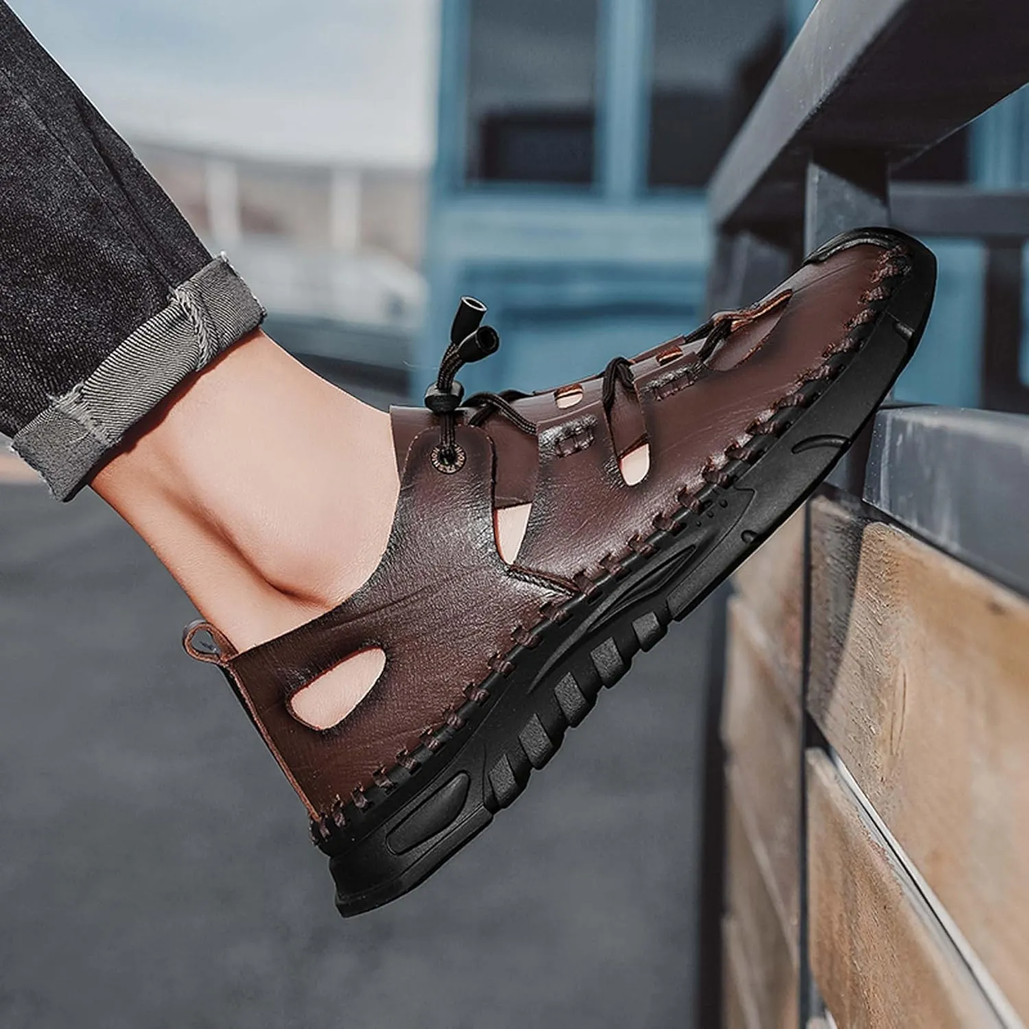 Men's Premium Cowhide Leather Sandals Non Slip Durable Rubber Outsole Hand Stitched Stylish Hollow Design Easy Lace Up Closure Comfortable Summer Footwear