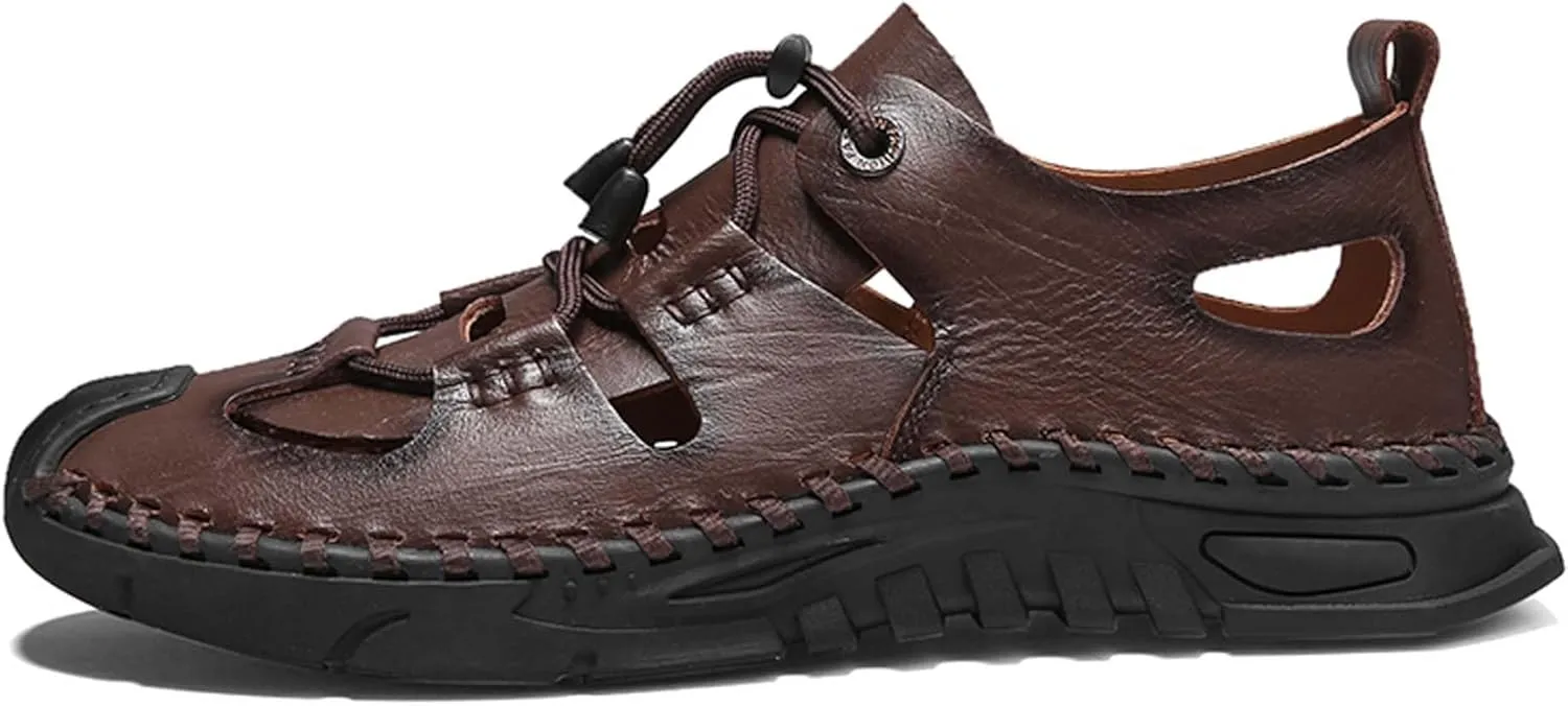Men's Premium Cowhide Leather Sandals Non Slip Durable Rubber Outsole Hand Stitched Stylish Hollow Design Easy Lace Up Closure Comfortable Summer Footwear
