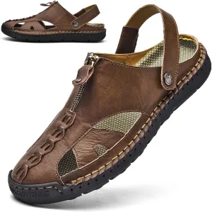 Mens Sandals Leather Closed Toe Outdoor Summer Anti-Slip Beach Sandals