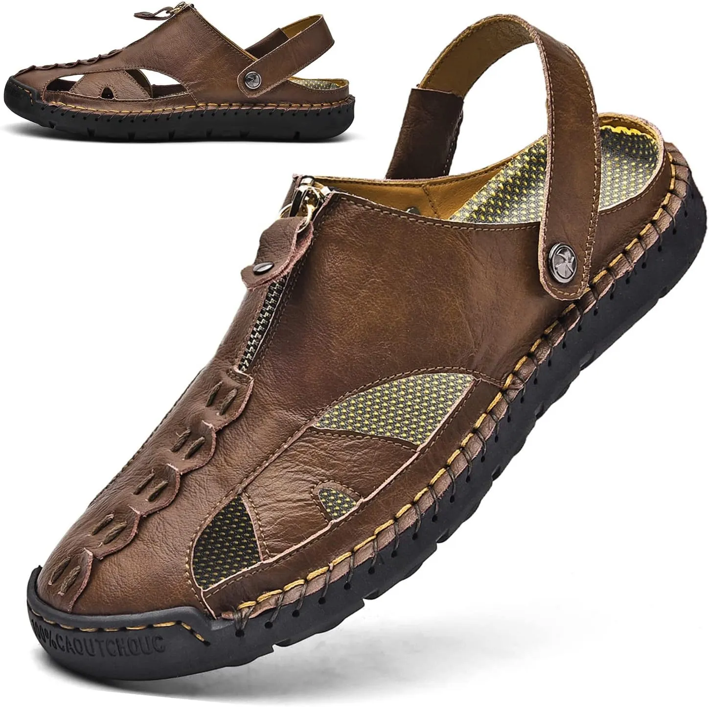 Mens Sandals Leather Closed Toe Outdoor Summer Anti-Slip Beach Sandals