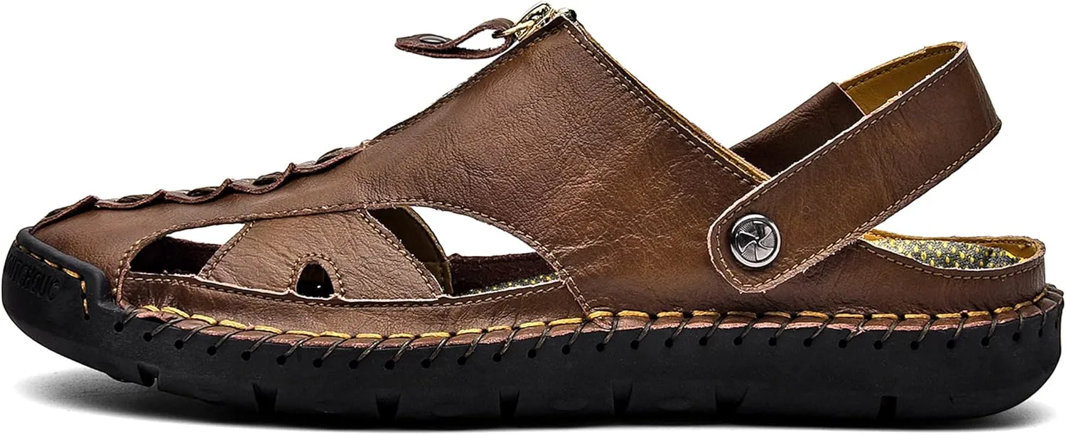 Mens Sandals Leather Closed Toe Outdoor Summer Anti-Slip Beach Sandals