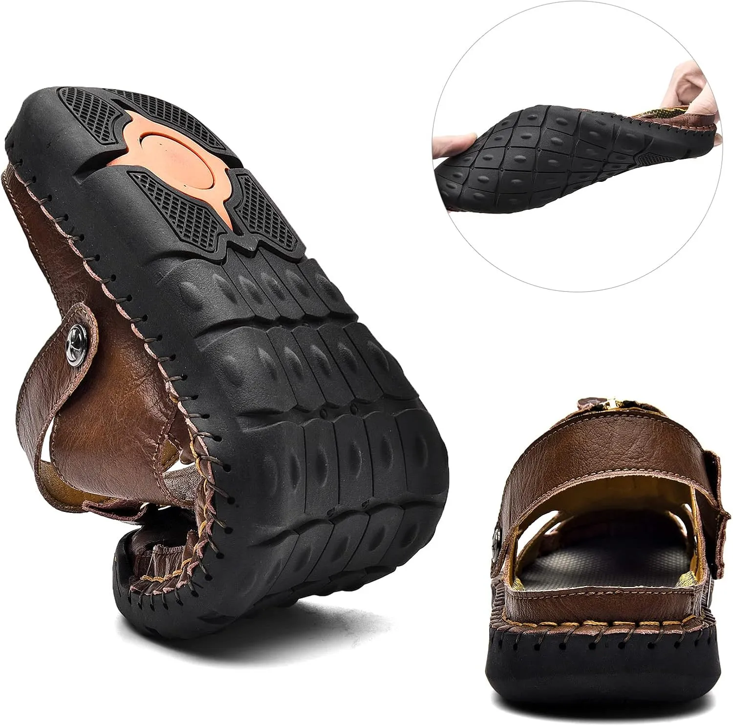 Mens Sandals Leather Closed Toe Outdoor Summer Anti-Slip Beach Sandals