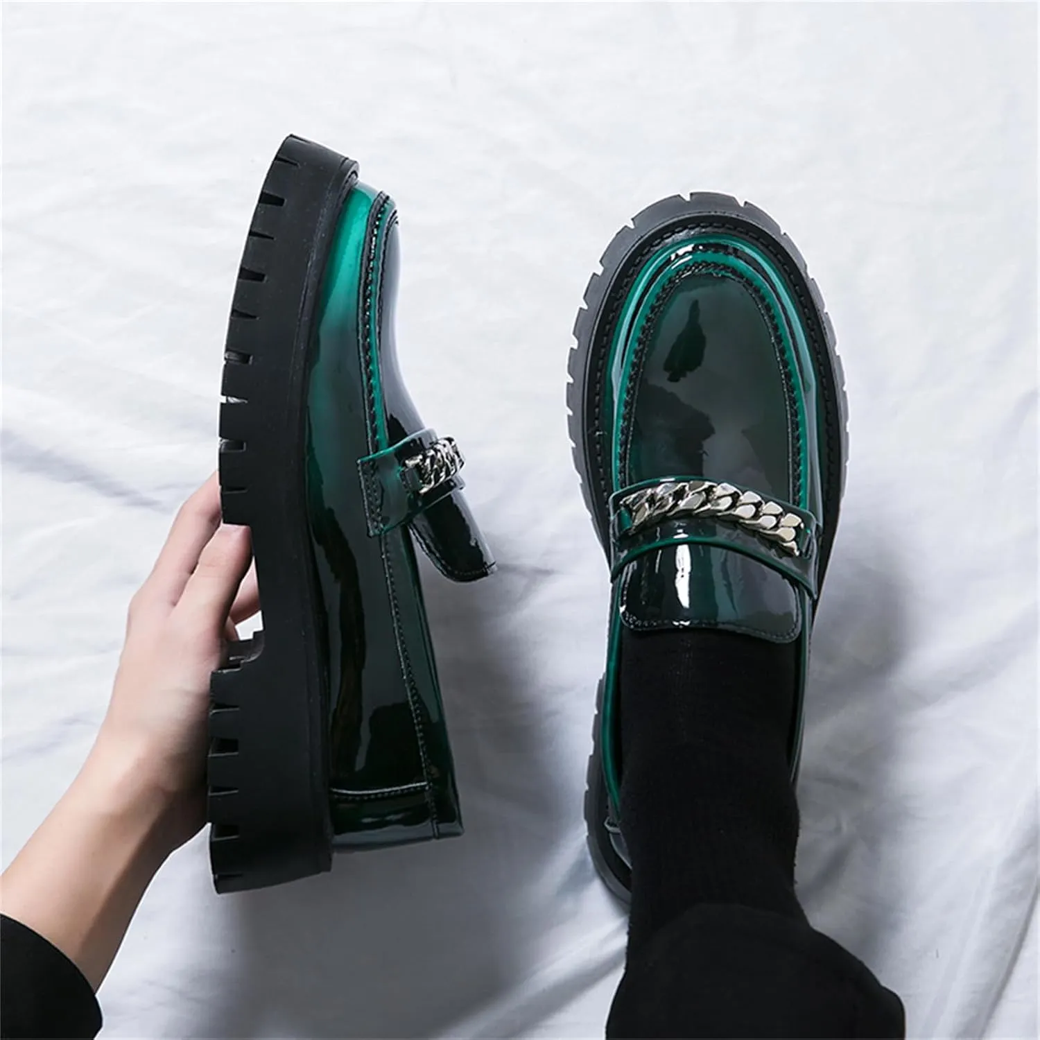 Men's Shiny Metallic Leather Slip-On Loafers with Chain Detail Lightweight Round Toe Chunky Sole Moccasins for Party Casual and Daily Wear