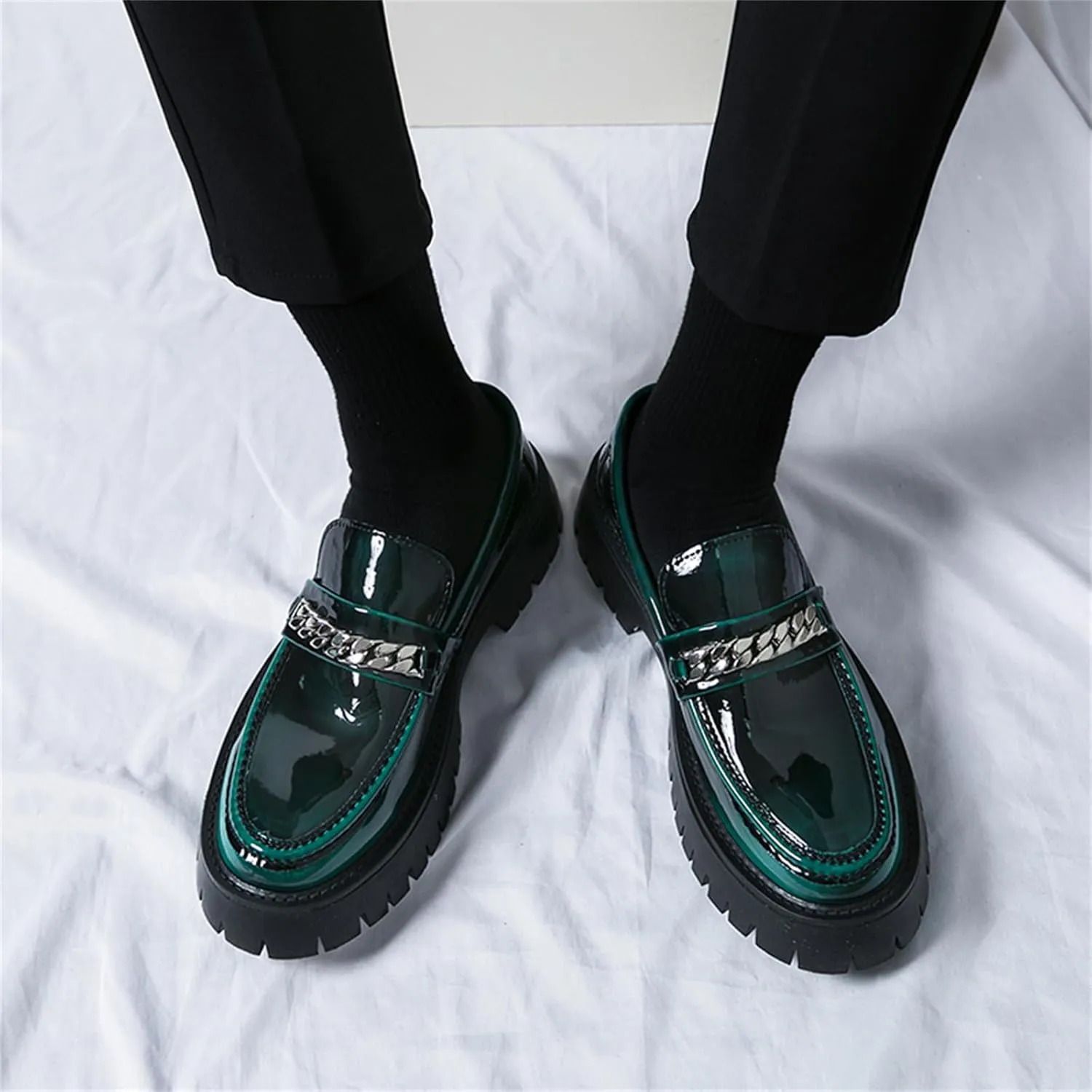Men's Shiny Metallic Leather Slip-On Loafers with Chain Detail Lightweight Round Toe Chunky Sole Moccasins for Party Casual and Daily Wear
