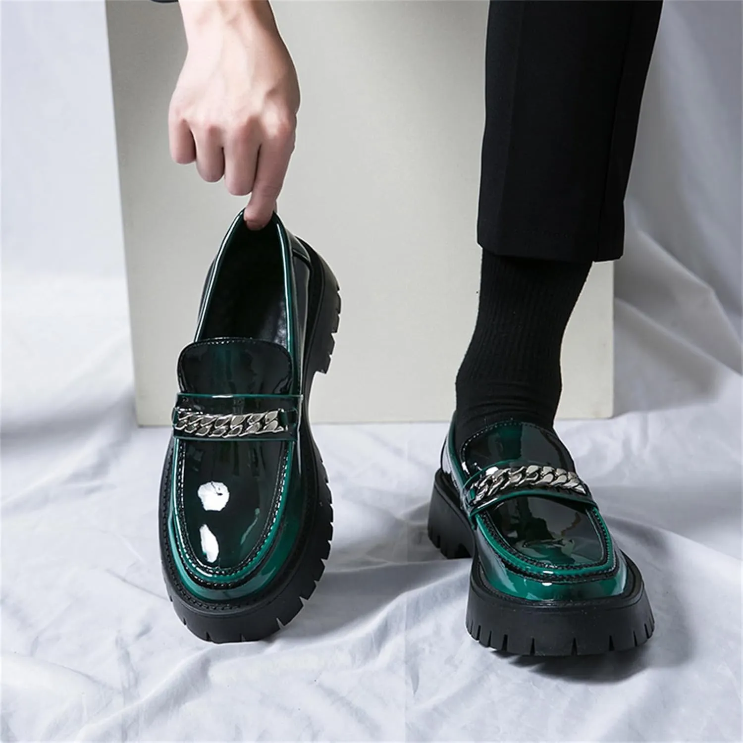 Men's Shiny Metallic Leather Slip-On Loafers with Chain Detail Lightweight Round Toe Chunky Sole Moccasins for Party Casual and Daily Wear