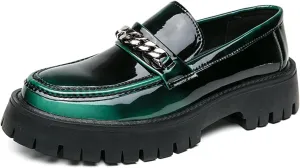 Men's Shiny Metallic Leather Slip-On Loafers with Chain Detail Lightweight Round Toe Chunky Sole Moccasins for Party Casual and Daily Wear