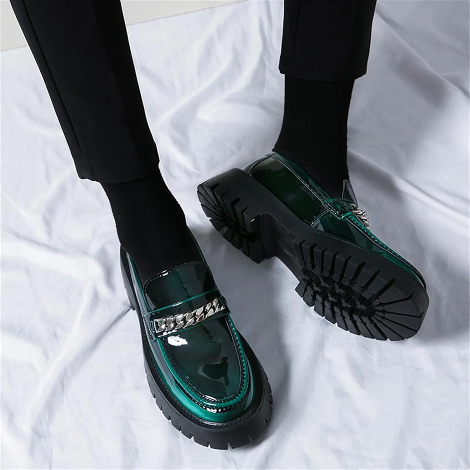 Men's Shiny Metallic Leather Slip-On Loafers with Chain Detail Lightweight Round Toe Chunky Sole Moccasins for Party Casual and Daily Wear