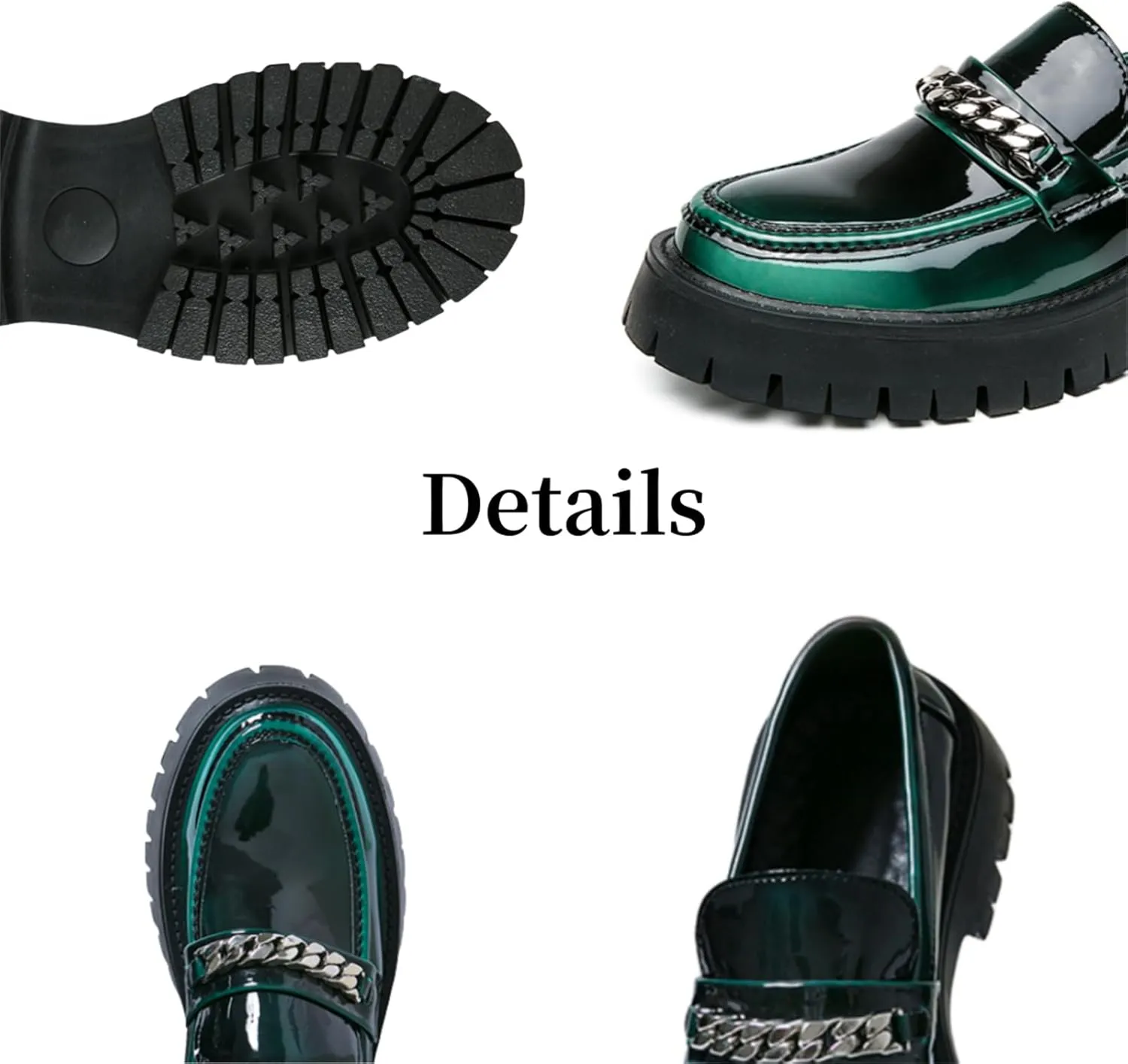 Men's Shiny Metallic Leather Slip-On Loafers with Chain Detail Lightweight Round Toe Chunky Sole Moccasins for Party Casual and Daily Wear