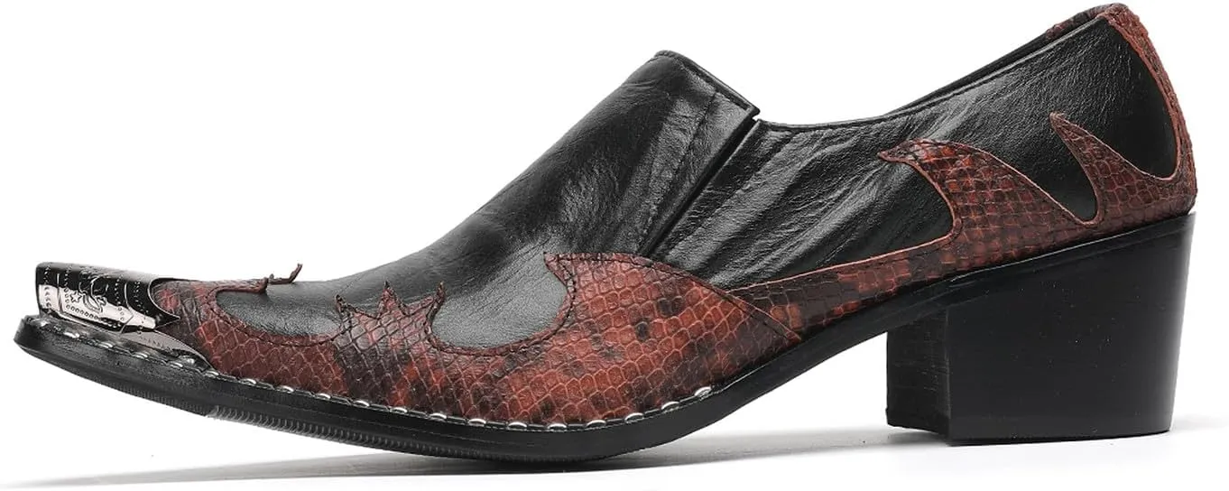 Men's Slip On Shoes Dress Casual Loafers with Metal Pointed Toe, Block Heel, Genuine Leather Two Tone Western Shoes for Office, Party, and Bar Wear