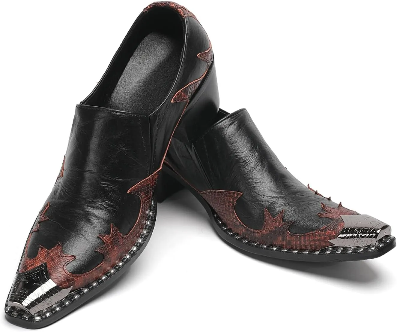 Men's Slip On Shoes Dress Casual Loafers with Metal Pointed Toe, Block Heel, Genuine Leather Two Tone Western Shoes for Office, Party, and Bar Wear
