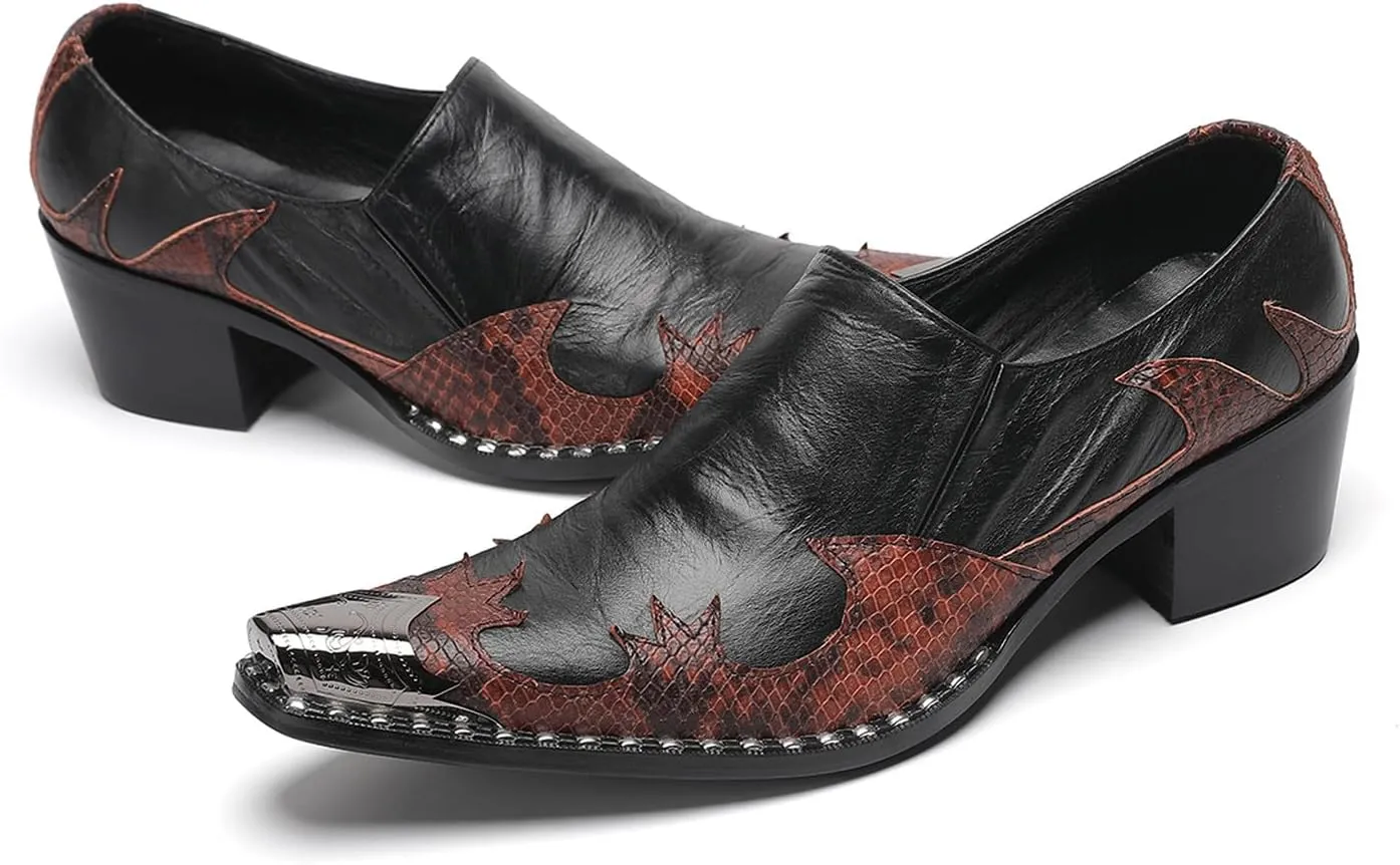 Men's Slip On Shoes Dress Casual Loafers with Metal Pointed Toe, Block Heel, Genuine Leather Two Tone Western Shoes for Office, Party, and Bar Wear