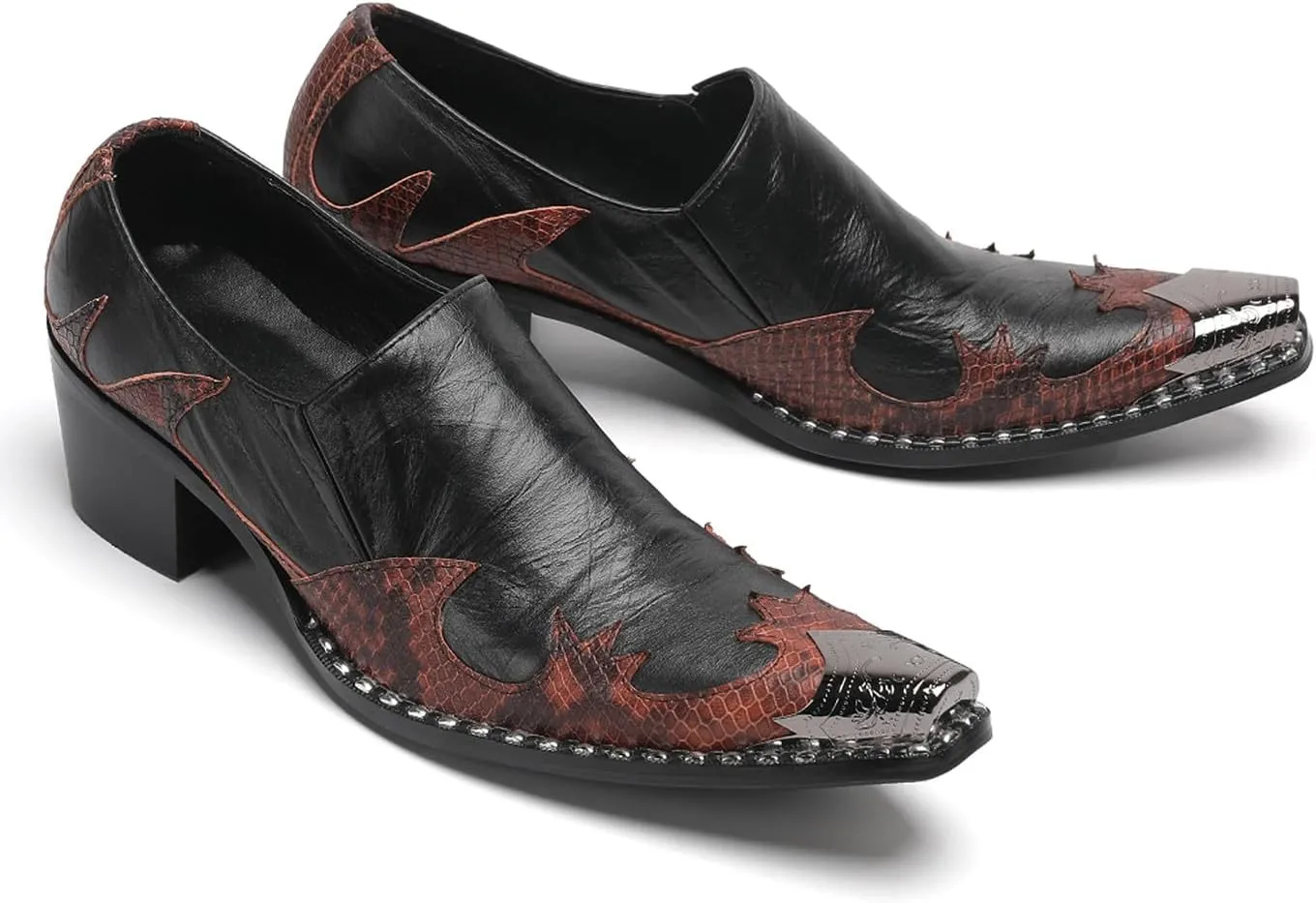 Men's Slip On Shoes Dress Casual Loafers with Metal Pointed Toe, Block Heel, Genuine Leather Two Tone Western Shoes for Office, Party, and Bar Wear