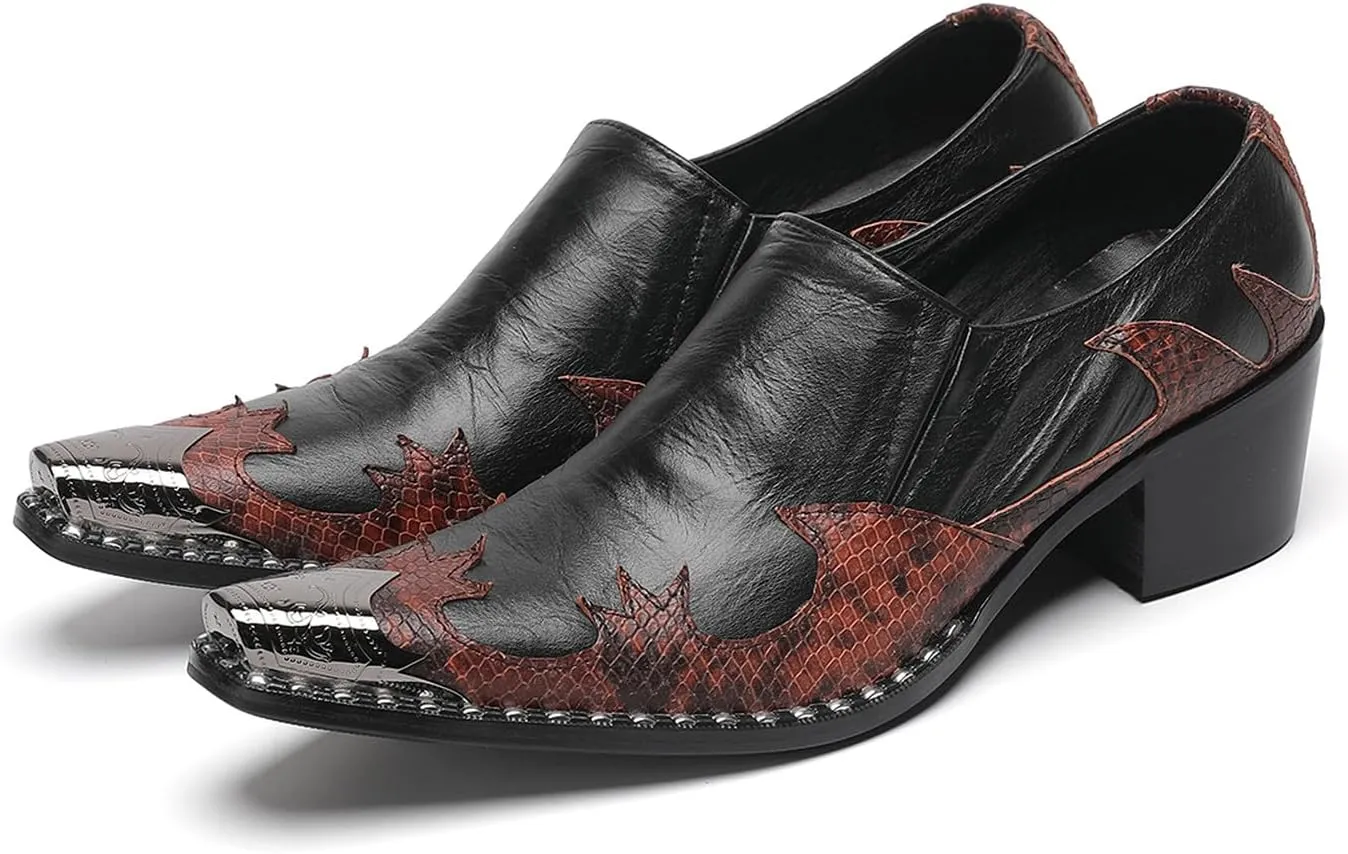 Men's Slip On Shoes Dress Casual Loafers with Metal Pointed Toe, Block Heel, Genuine Leather Two Tone Western Shoes for Office, Party, and Bar Wear